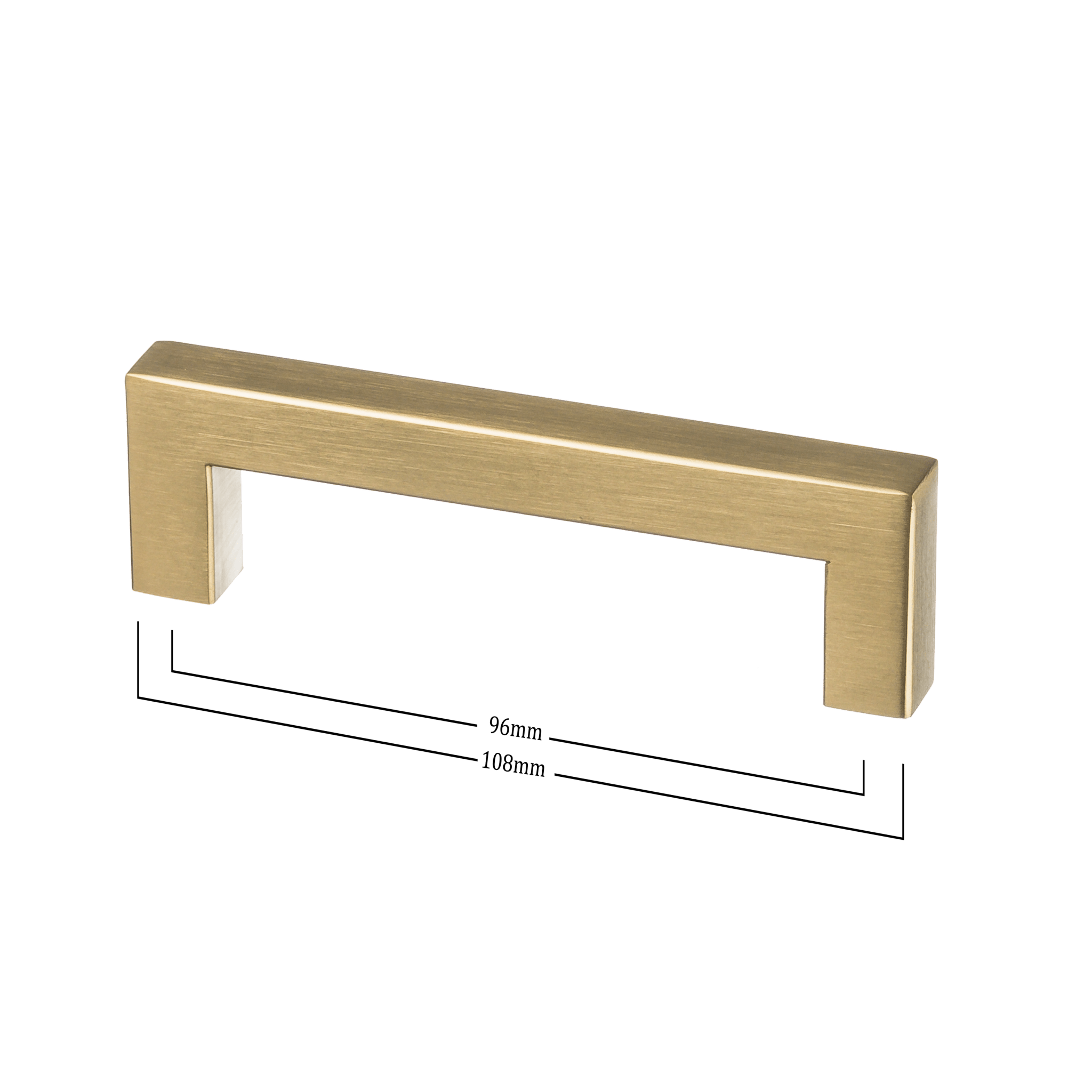 Vooraanzicht van de Ostiumhome handgreep in Mat Gouden kleur, met afmetingen 96/108 mm.