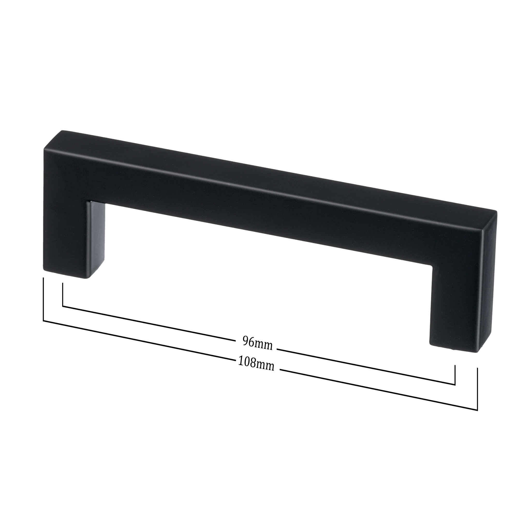 Vooraanzicht van de handgreep in de kleur zwart van Ostiumhome. Met afmetingen 96/108 mm.