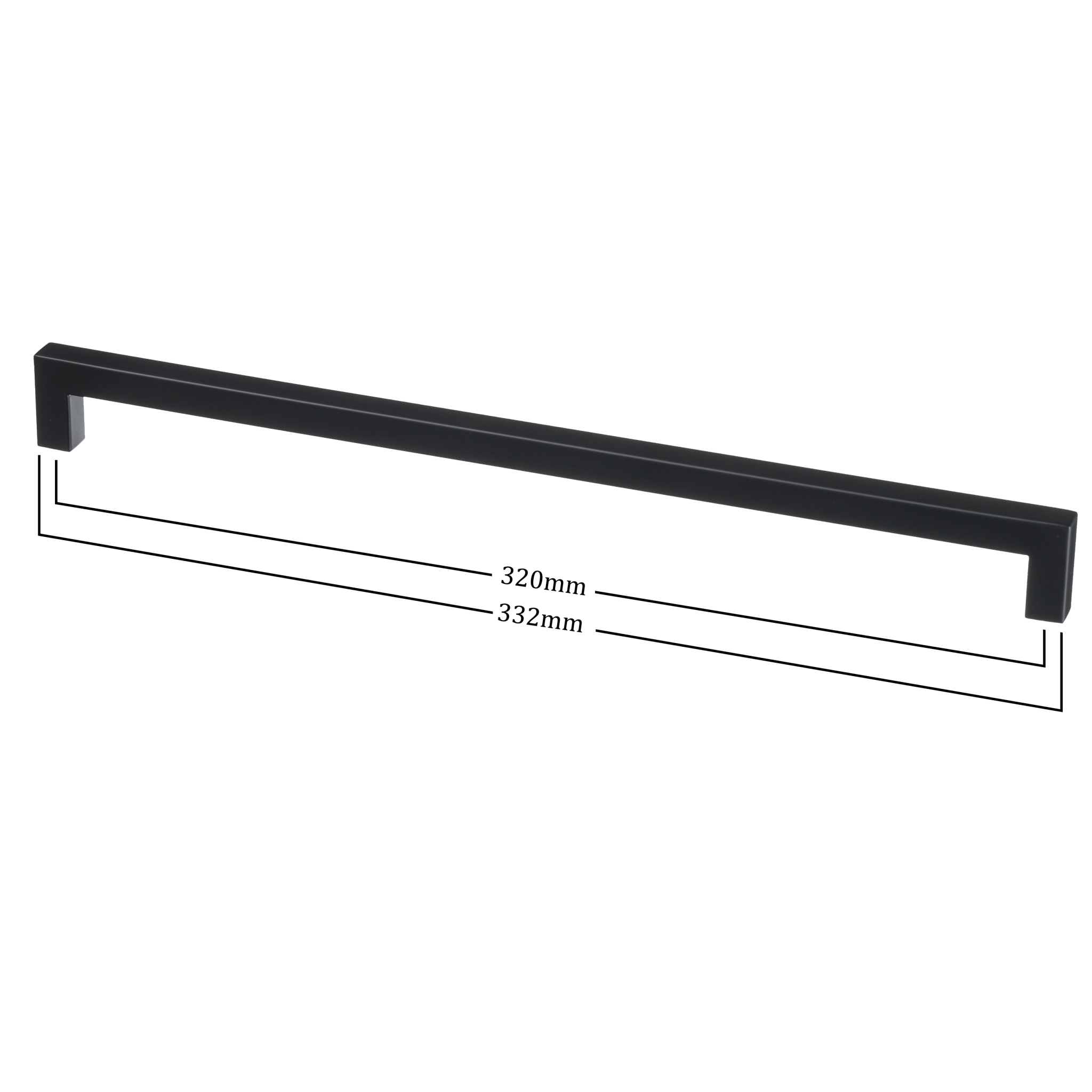 Vooraanzicht inclusief maten van de lange zwarte handgreep van Ostiumhome, afmetingen 320/332 mm.