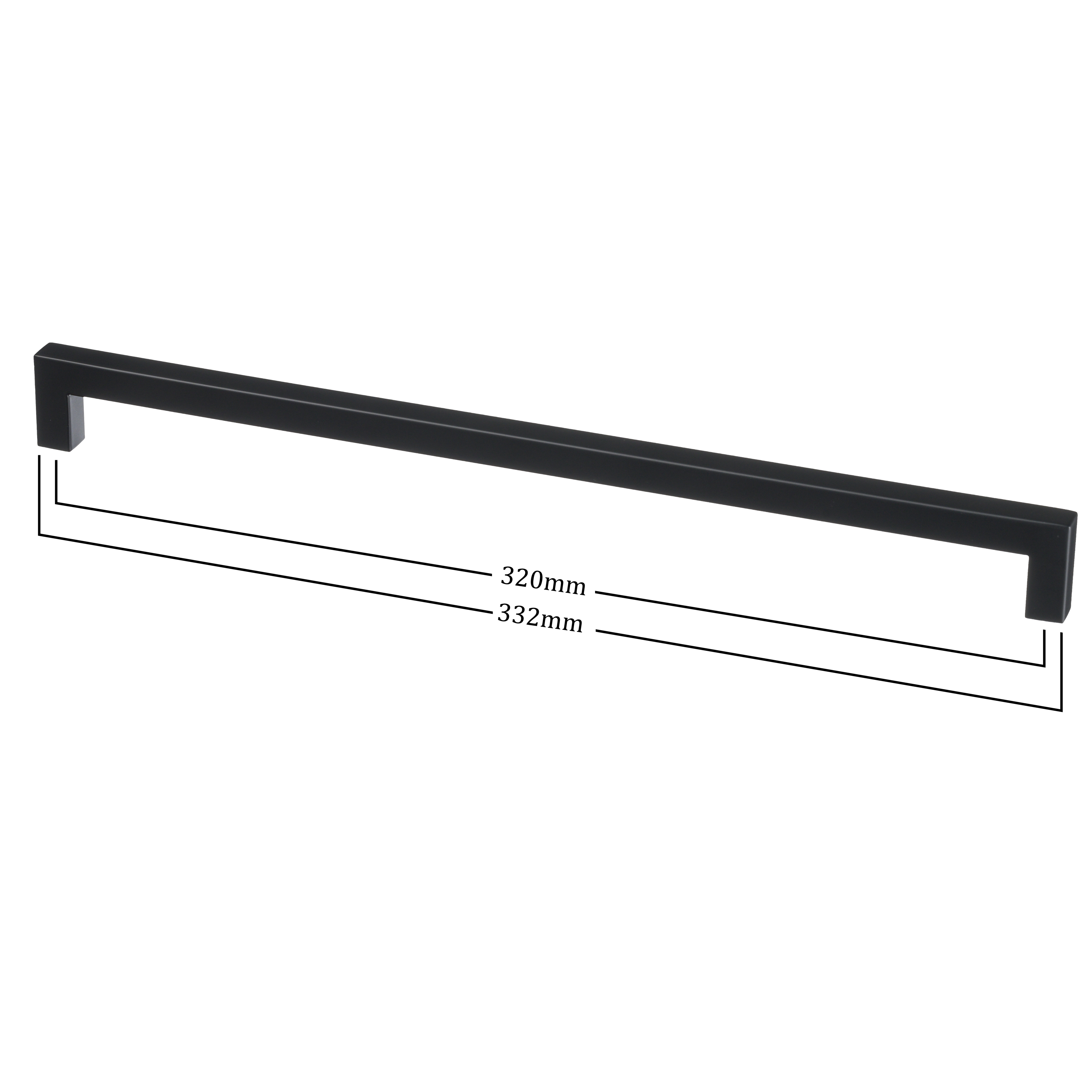 Vooraanzicht inclusief maten van de lange zwarte handgreep van Ostiumhome, afmetingen 320/332 mm.