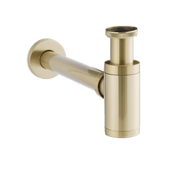 Modern gold brass bottle trap for bathroom sinks, wall mounted, with sleek cylindrical design