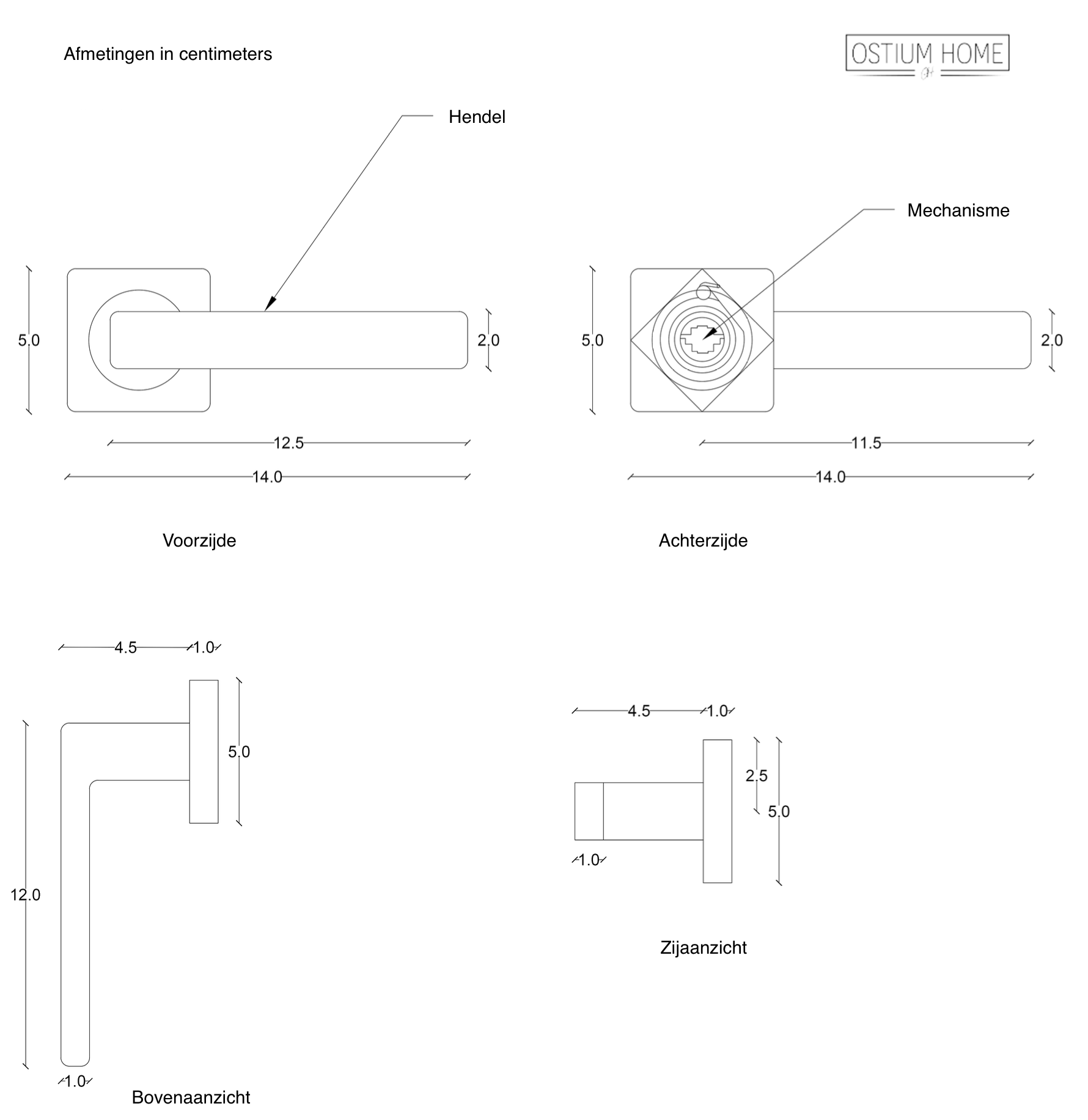 Ostiumhome® - Imperia - Türgriff - Quadratische Rosette - 130 mm - Geeignet für Innentüren - Schwarz