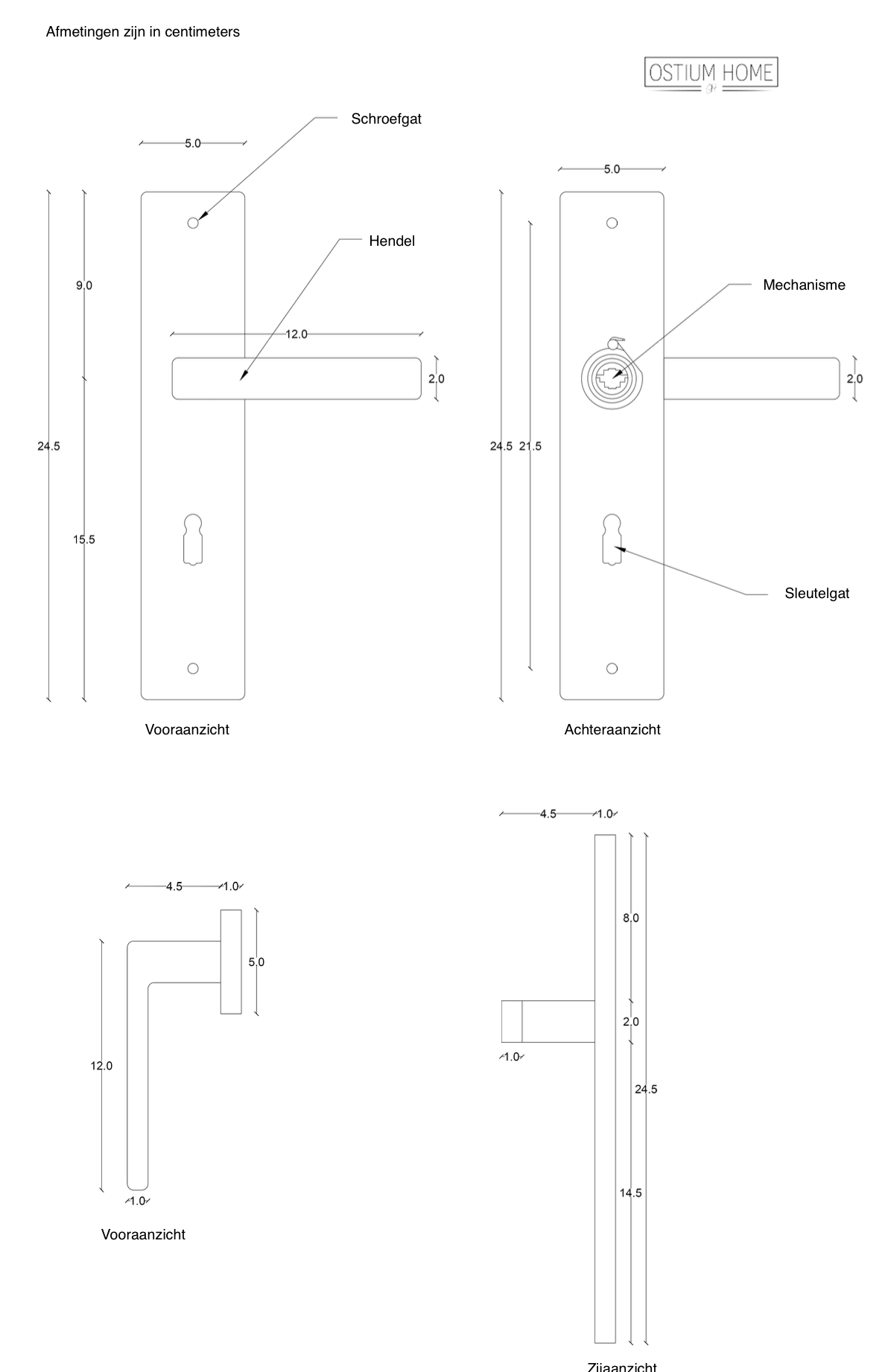 Ostiumhome® Alassio Türgriff auf Schild mit Schlüsselloch – 72 mm – Türbeschlag mit Schlüsselloch – 72 mm – geeignet für Innentüren – Mattgold
