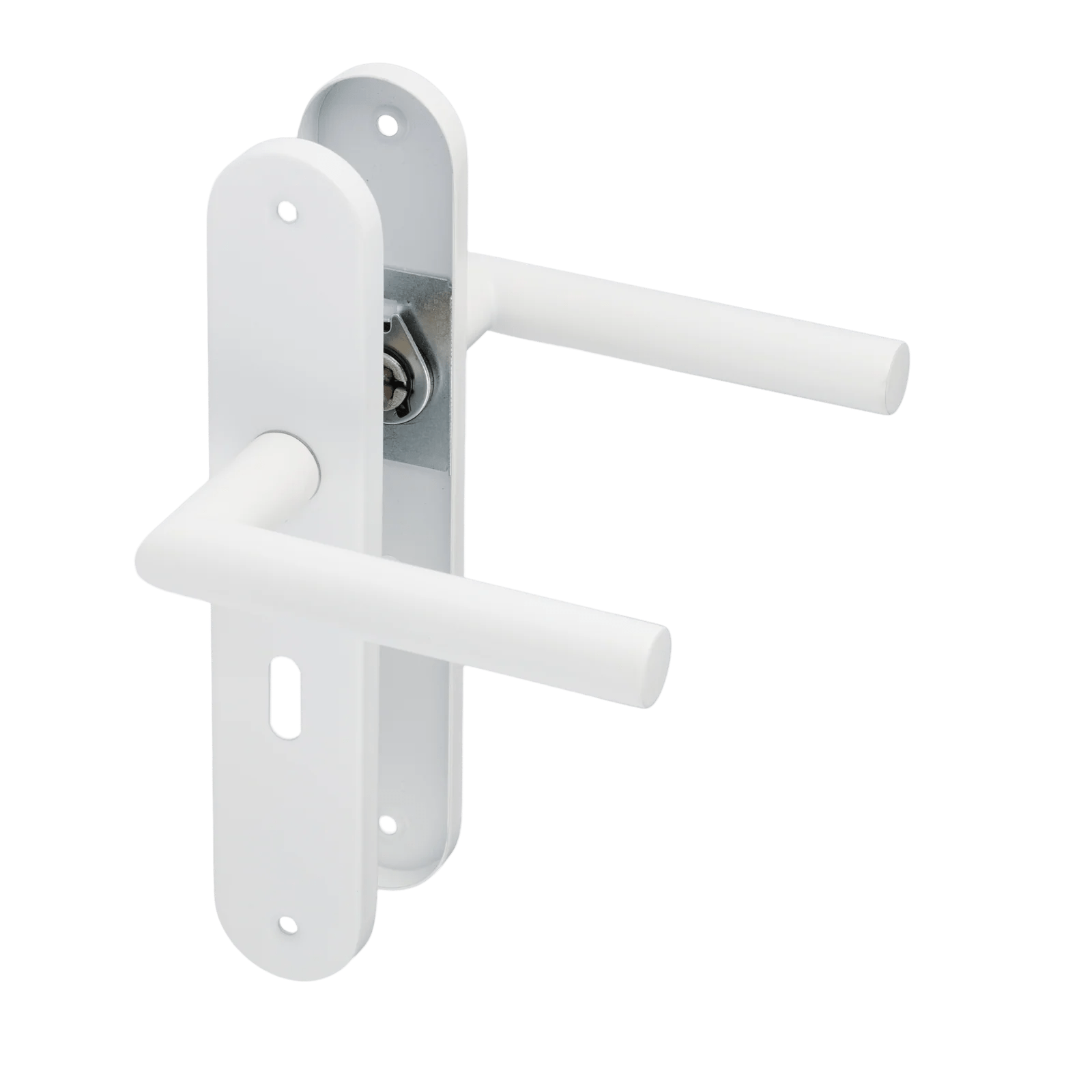 Deurklink op rond wit schild met sleutelgat met een hartafstand van 56 mm.