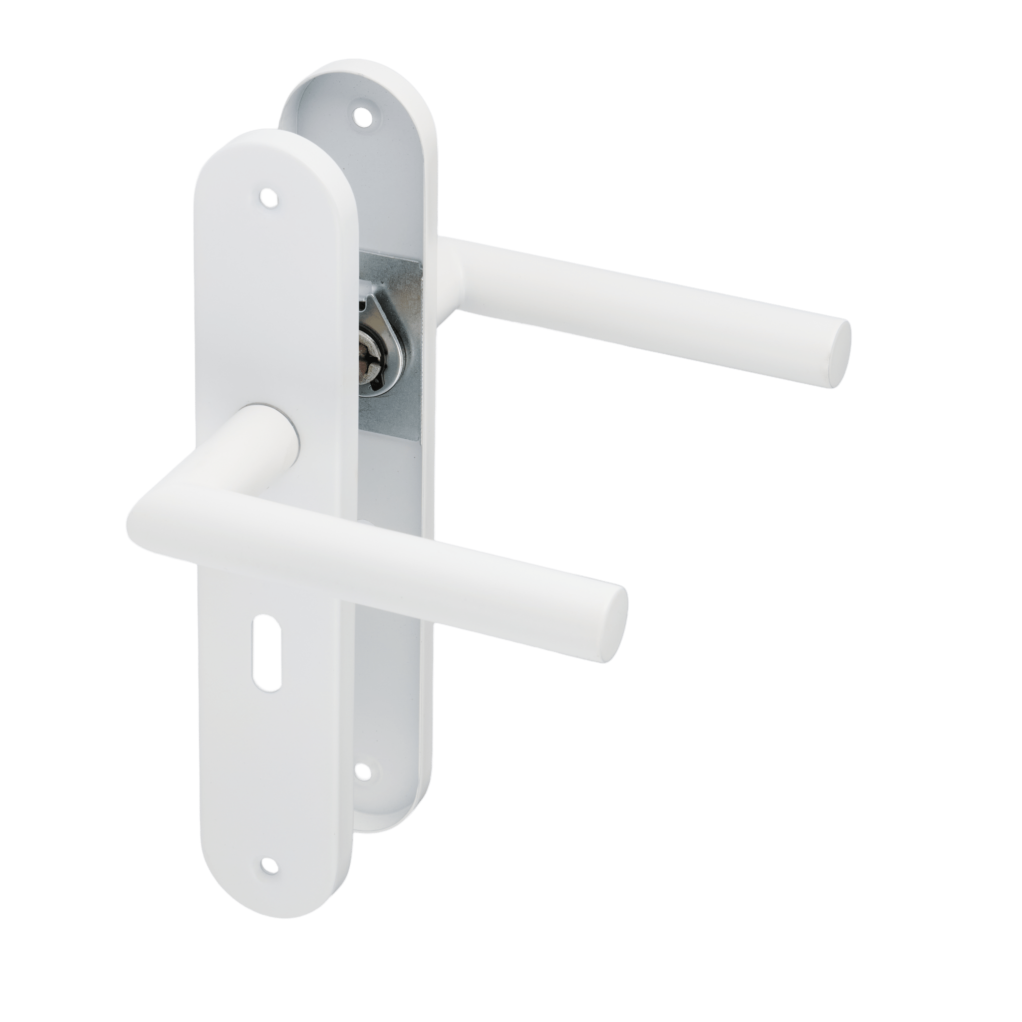 Deurklink op rond wit schild met sleutelgat met een hartafstand van 56 mm.
