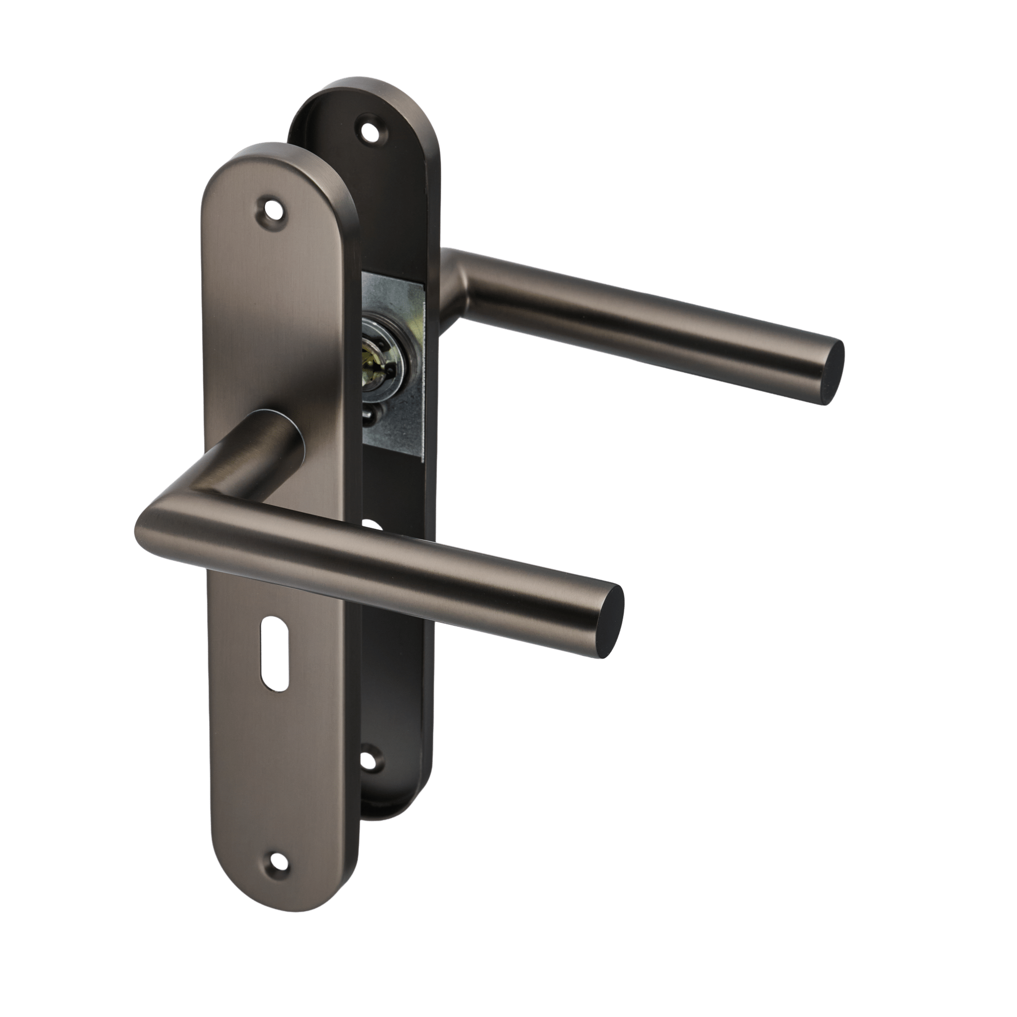 Deurklink op rond schild met sleutelgat, in kleur gun metal van Ostiumhome. 