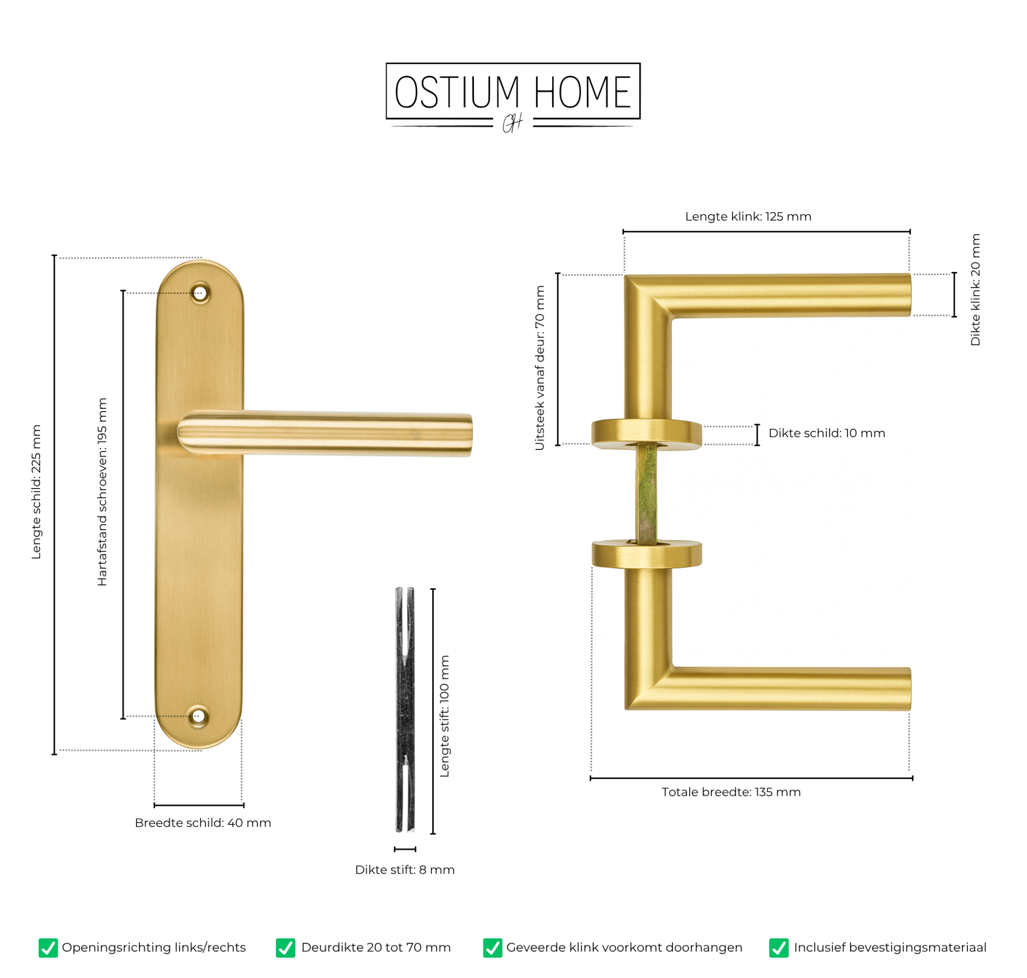 Technische afmetingen van de gouden deurklink op rond schild van Ostiumhome