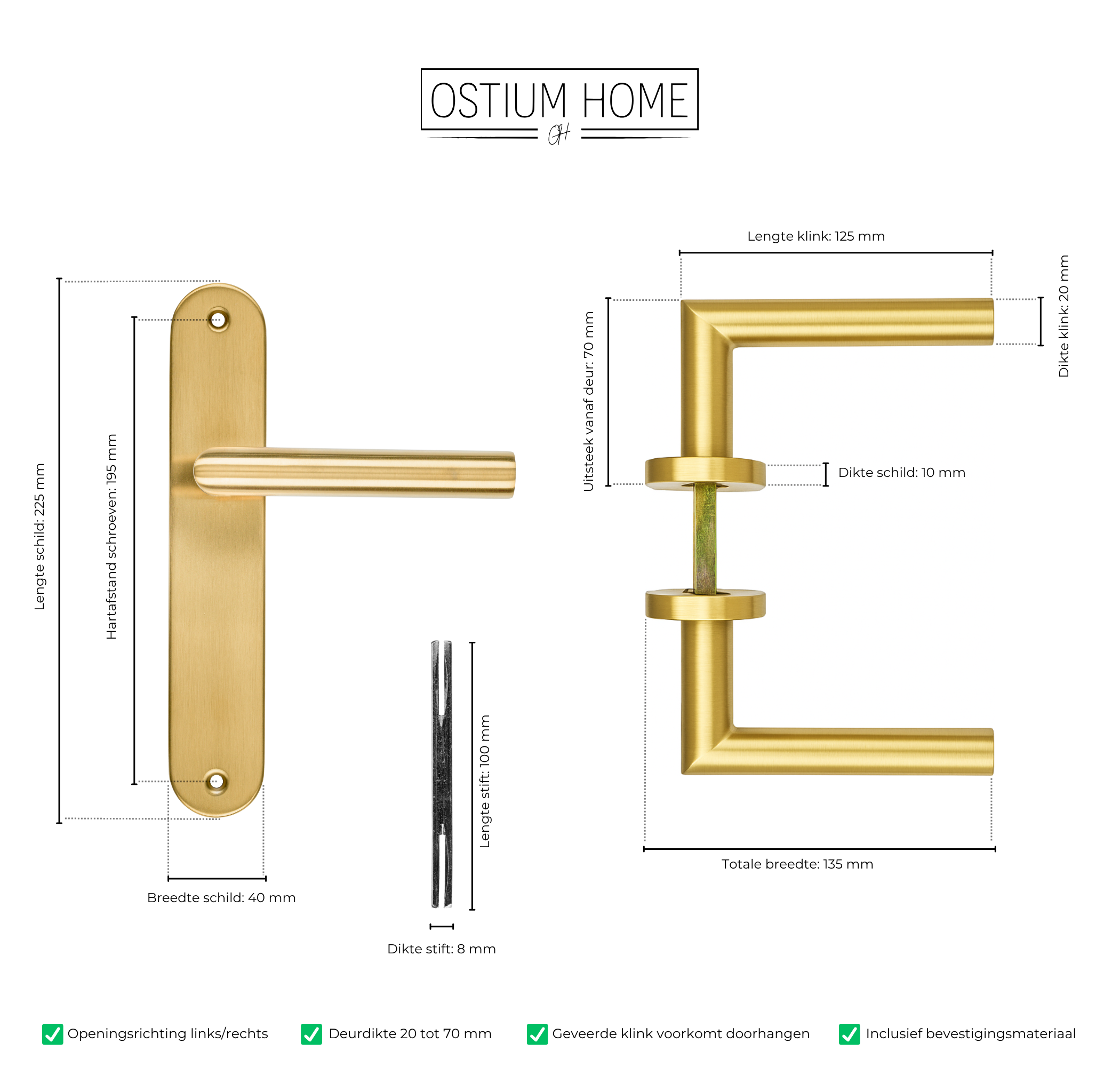 Technische afmetingen van de gouden deurklink op rond schild van Ostiumhome