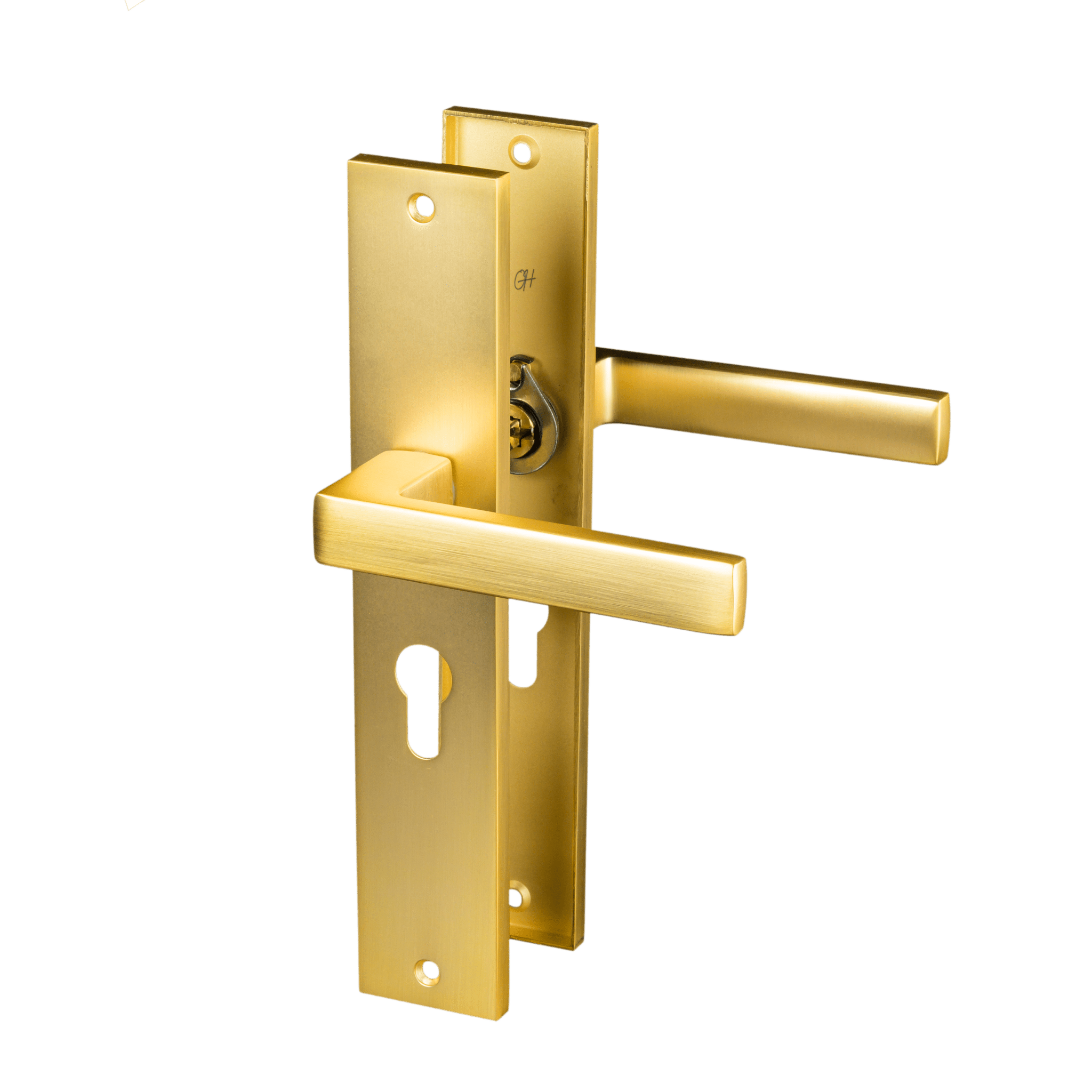 Mat gouden Alassio deurklink op lang schild met cilindergat PC 55 mm voor een luxe, moderne binnendeur