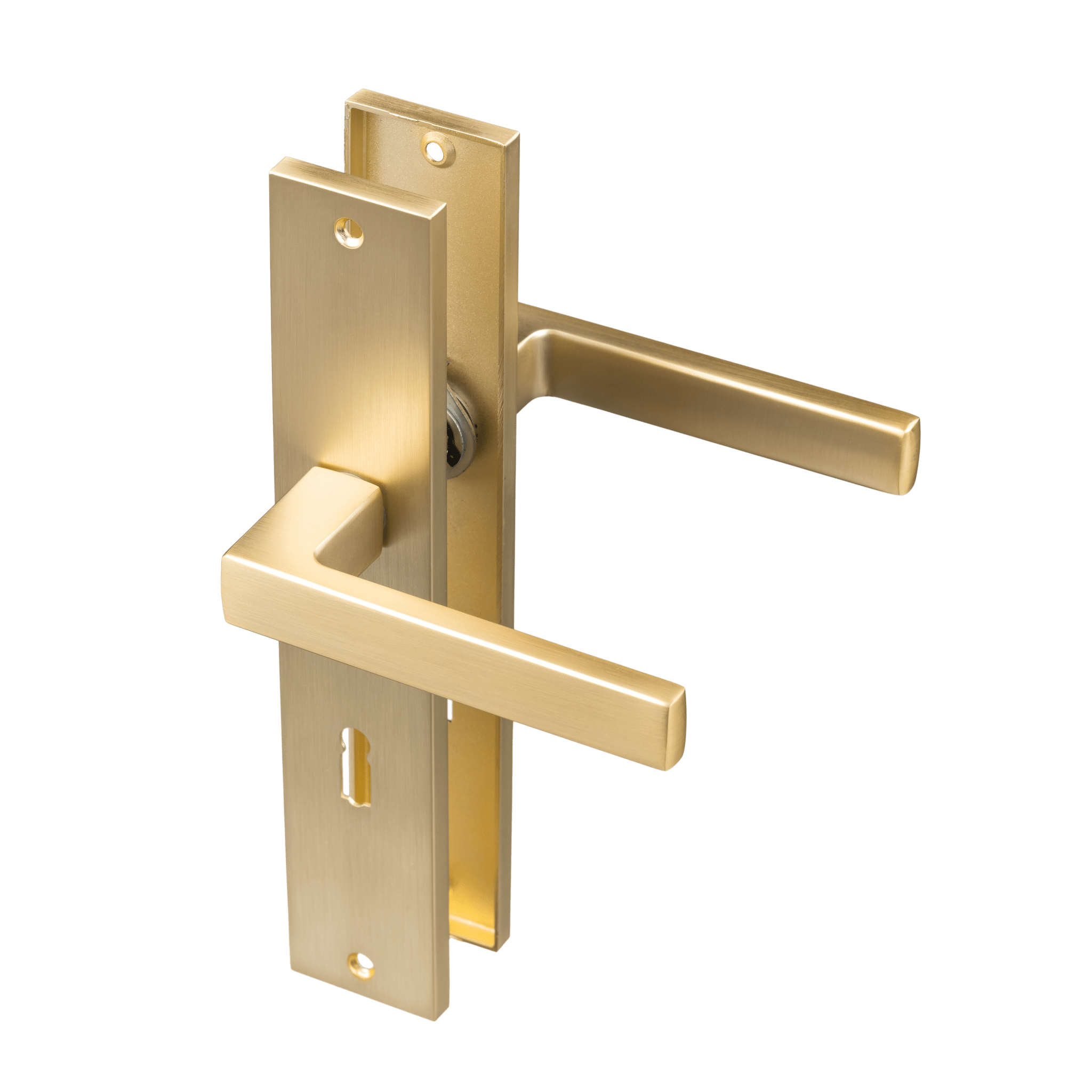 Mat gouden Alassio deurklink op lang schild met sleutelgat hartafstand 72 mm voor stijlvolle binnendeuren 
