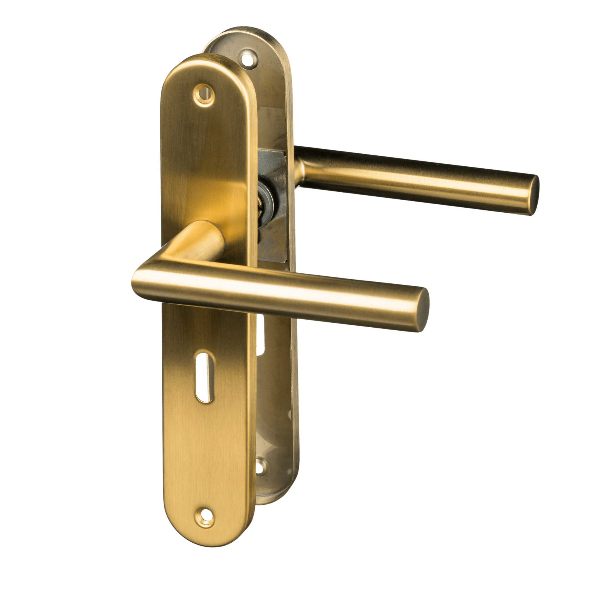 Mat gouden Andria deurklink op rond schild met sleutelgat SL 56 mm en geveerd mechanisme voor soepele bediening 
