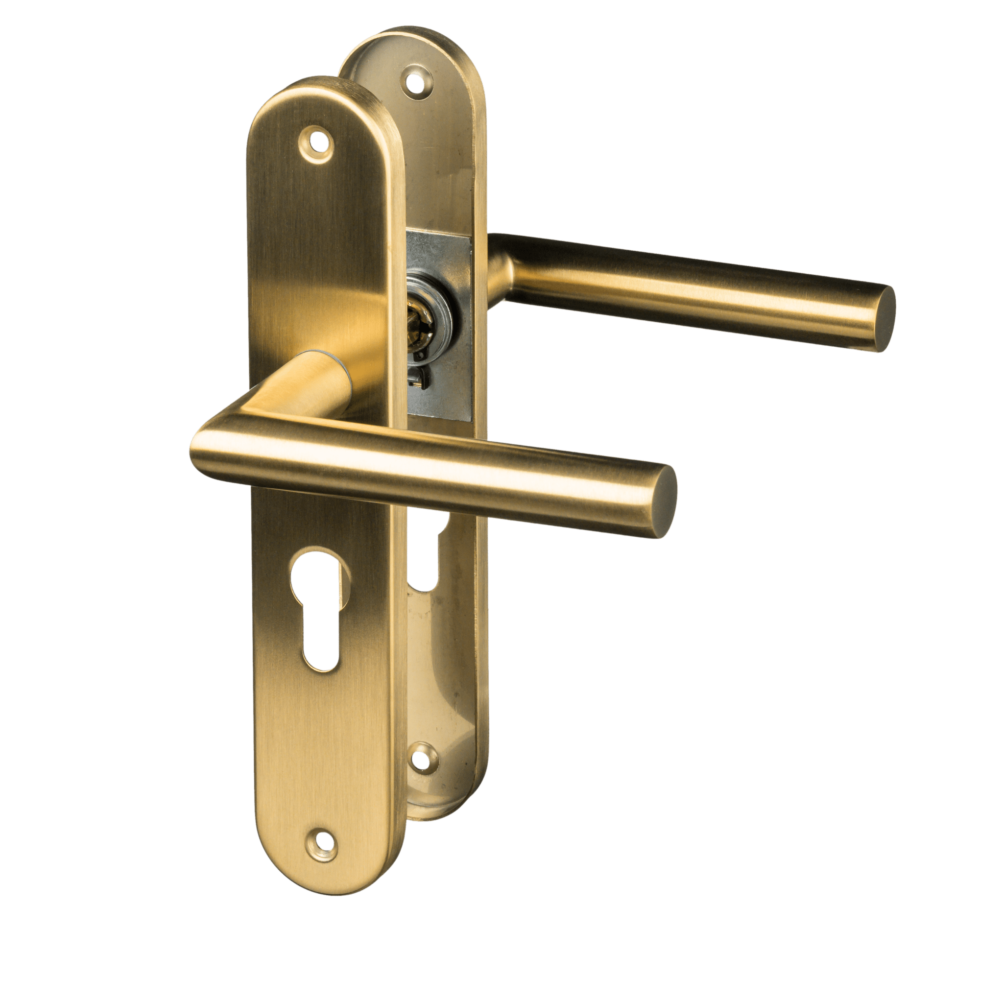 Mat gouden Andria deurklink op lang schild met cilindergat PC 55 mm voor een luxe, moderne binnendeur