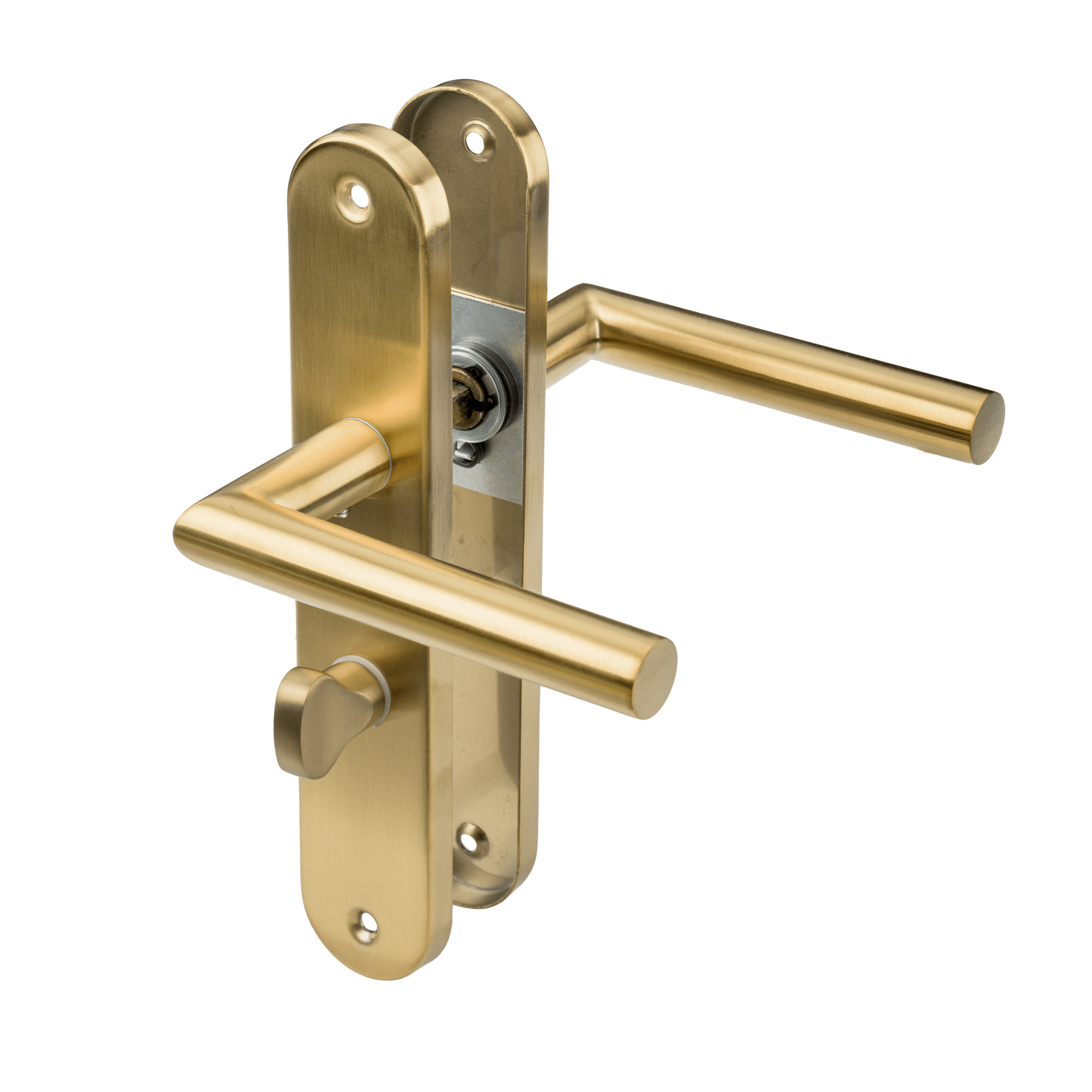Mat gouden Andria deurklink 225 mm op rond schild met geïntegreerd WC-slot perfect voor badkamer of toilet 
