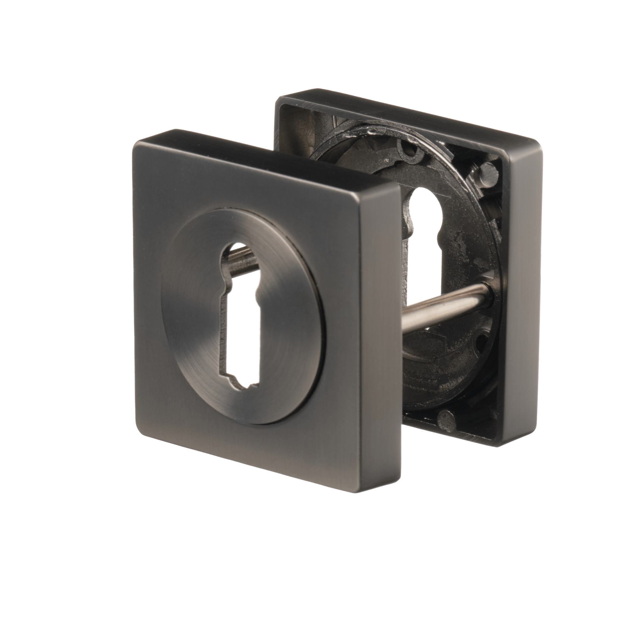Set van twee vierkante sleutelrozetten Anzio gun metal 50 × 50 mm met afgeronde hoeken voor stijlvolle binnendeuren 
