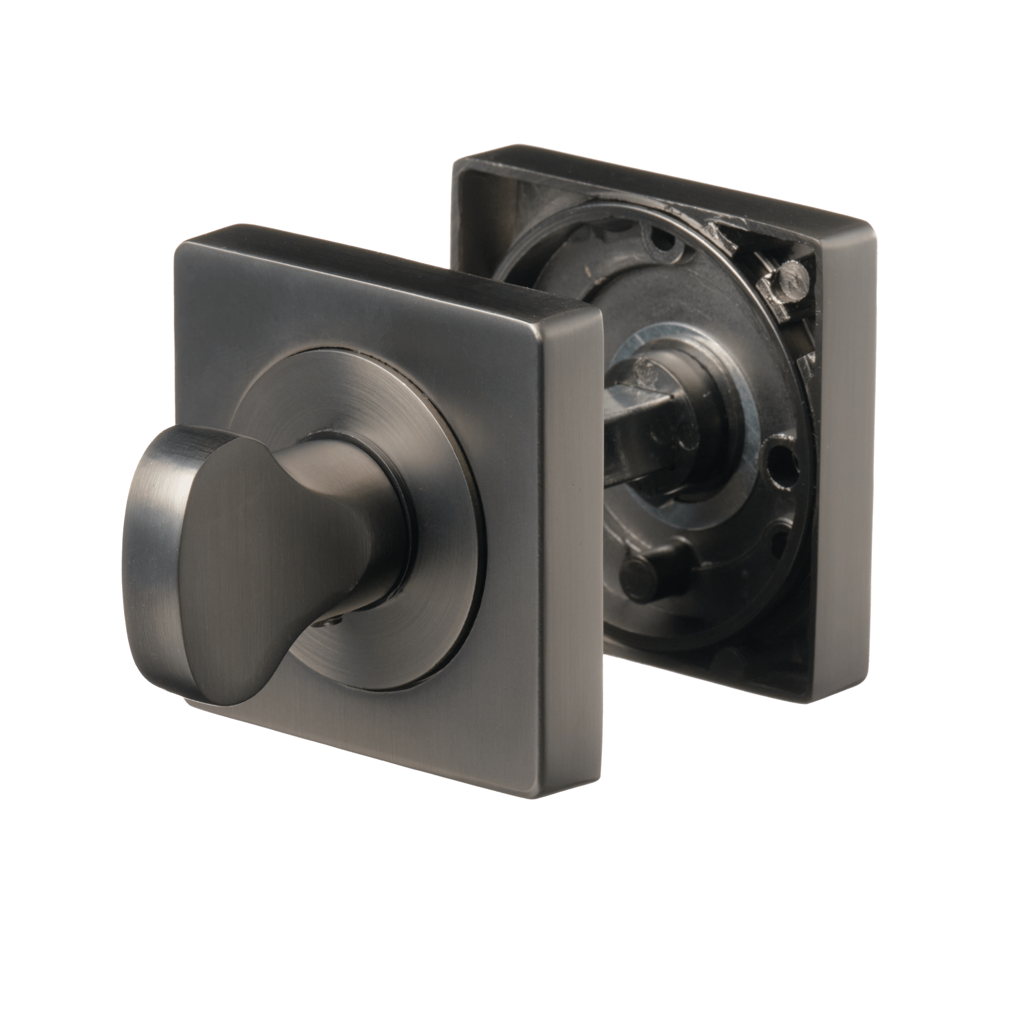Mat gun metal Anzio WC-slot op vierkante rozet 50 × 50 mm met duidelijke vrij-bezetschuif voor badkamer- en toiletdeuren