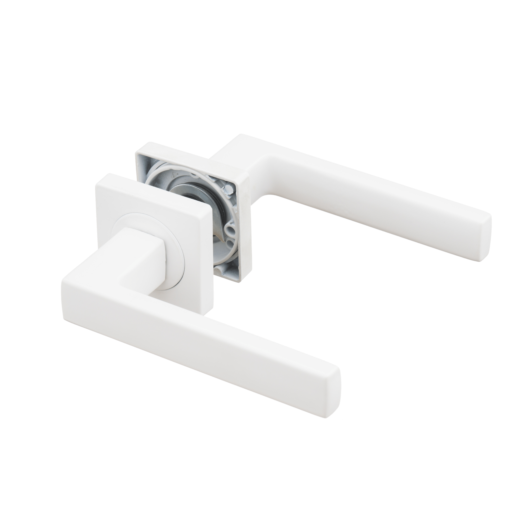 Geveerde witte Arezzo deurklink 135 mm met strakke 50 × 50 mm vierkante rozet voor moderne binnendeuren

