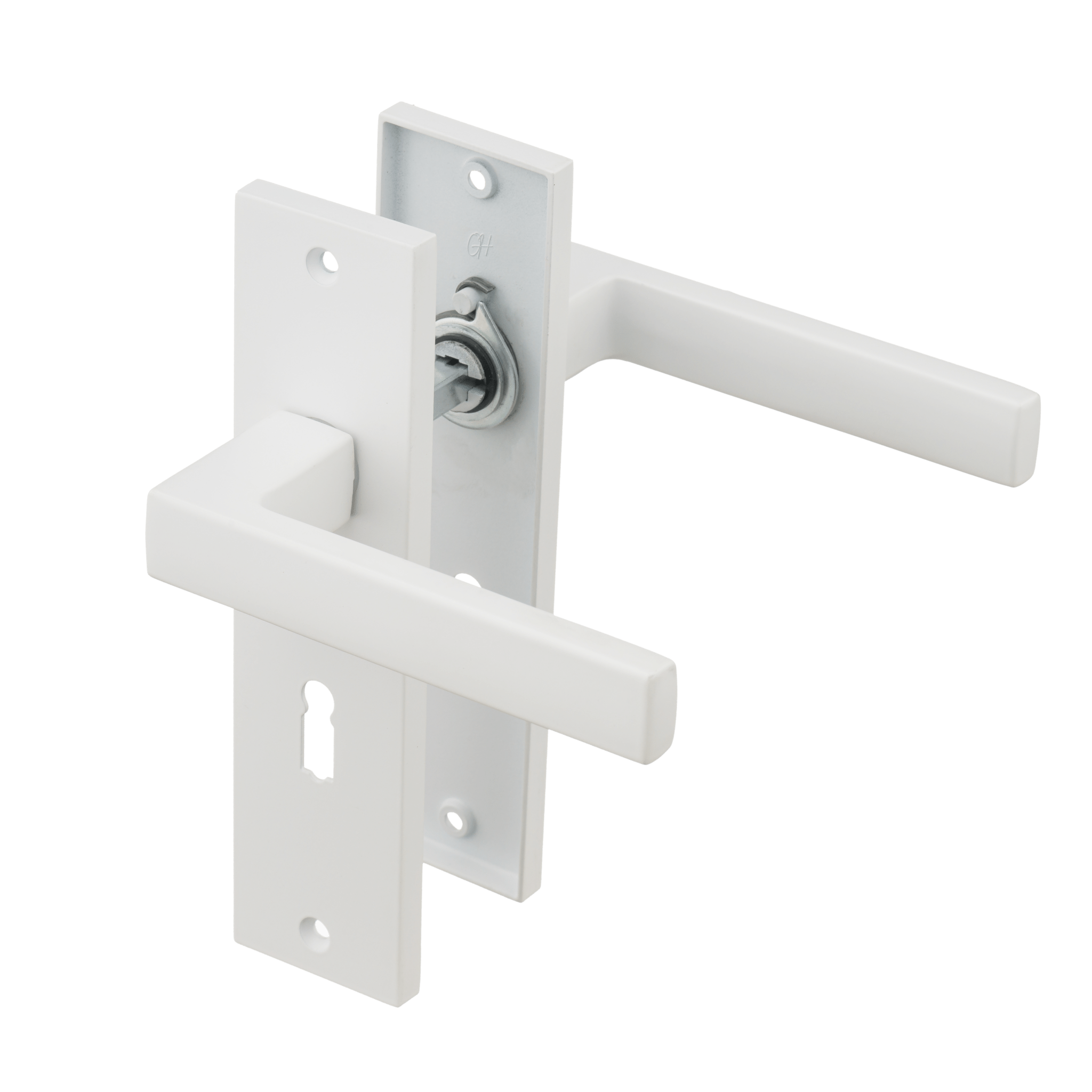 Mat witte Arezzo deurklink op 180 × 45 mm kort schild met sleutelgat PC 56 mm voor strakke, moderne binnendeuren
