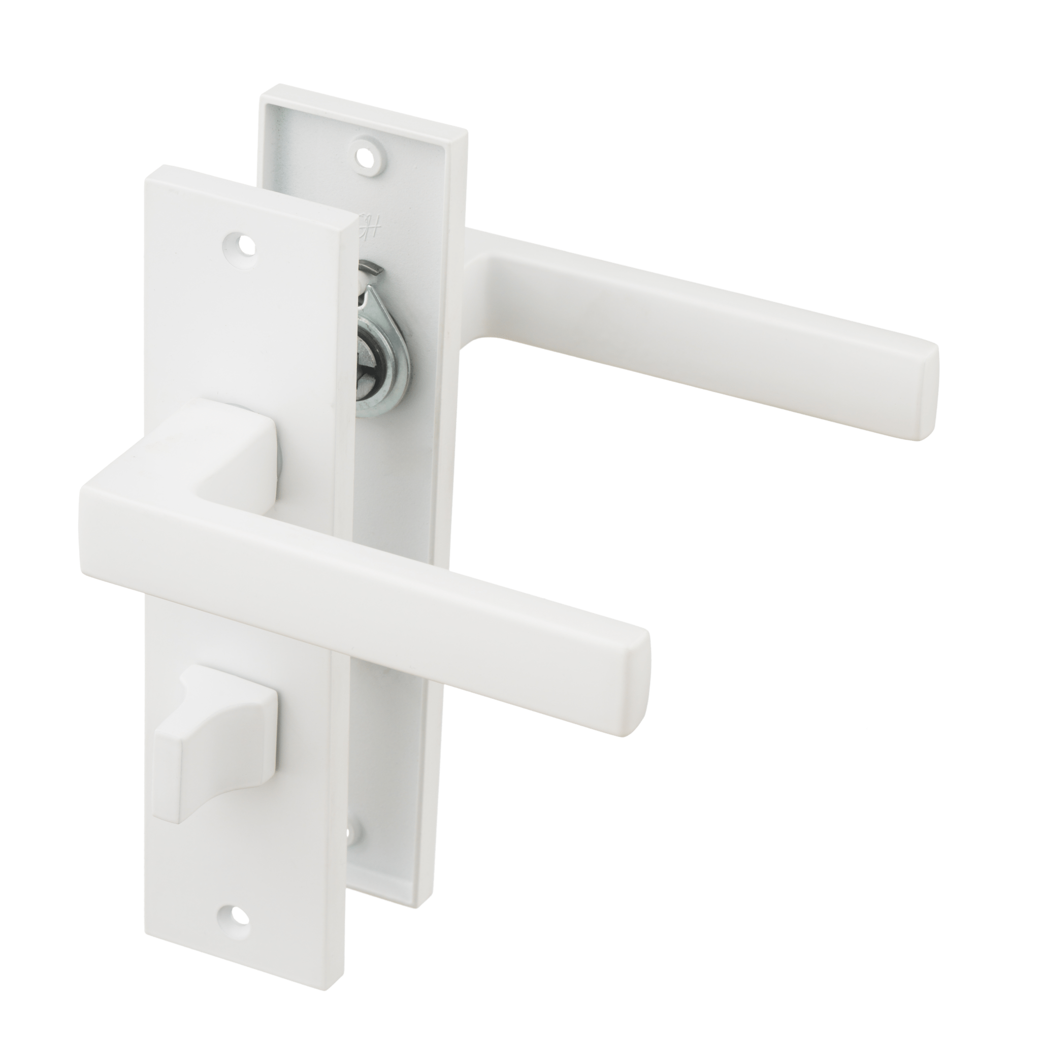 Mat witte Arezzo deurklink op kort schild 180 × 45 mm met geïntegreerd WC-slot hartafstand 63 mm voor strakke badkamerdeuren