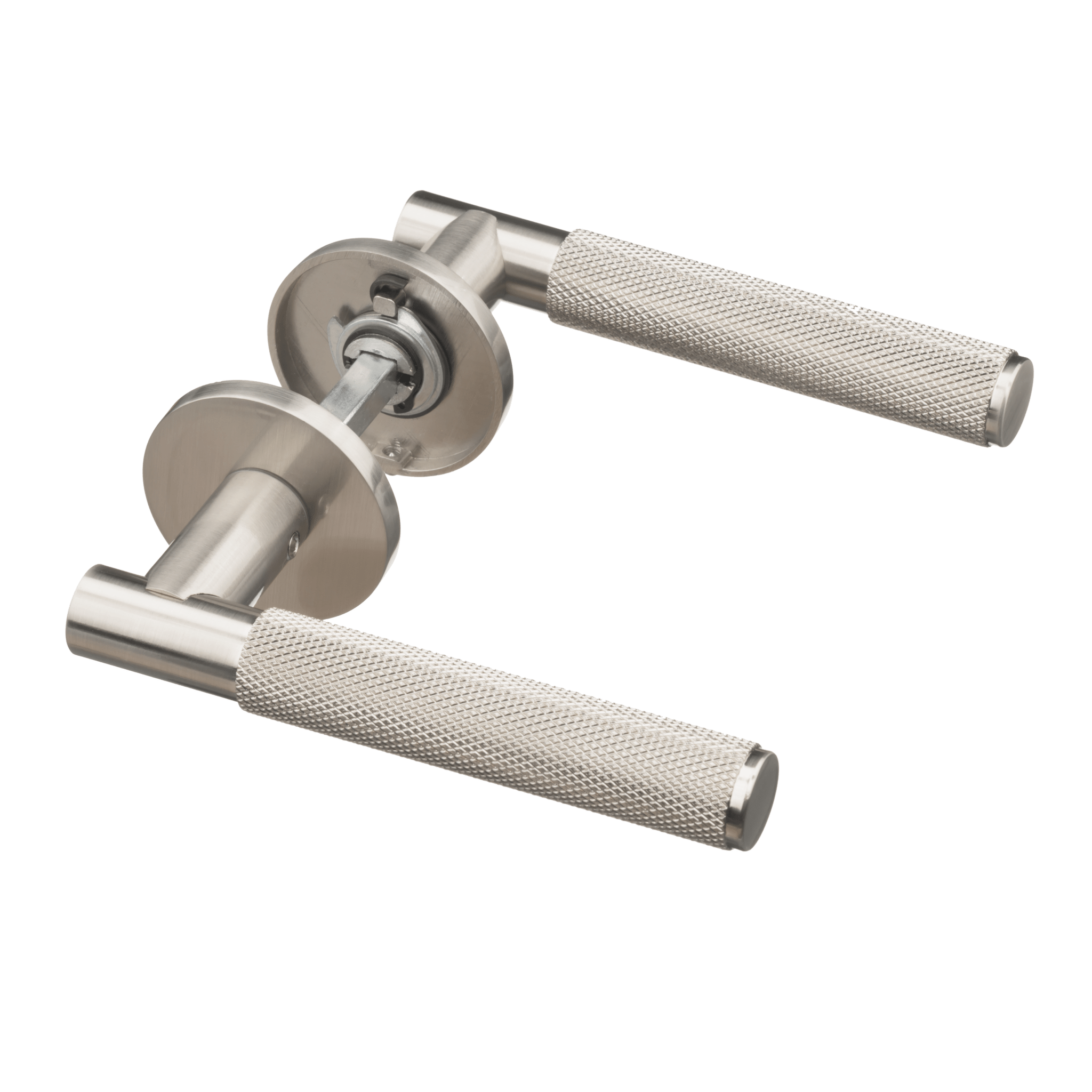 Luxe RVS zilveren Arluno deurklink met diamond-cut grip, geveerd mechanisme en rond rozet voor moderne binnendeuren 