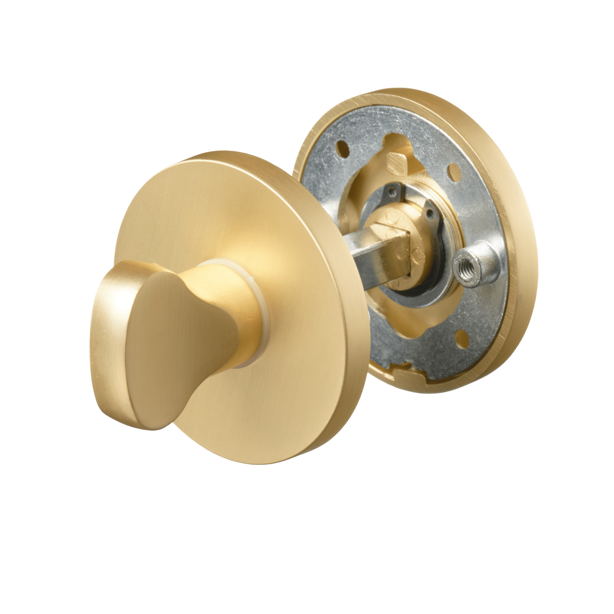 Mat gouden Arona WC-slot op rond rozet 50 mm met duidelijke vrij-bezet indicator voor badkamerdeuren