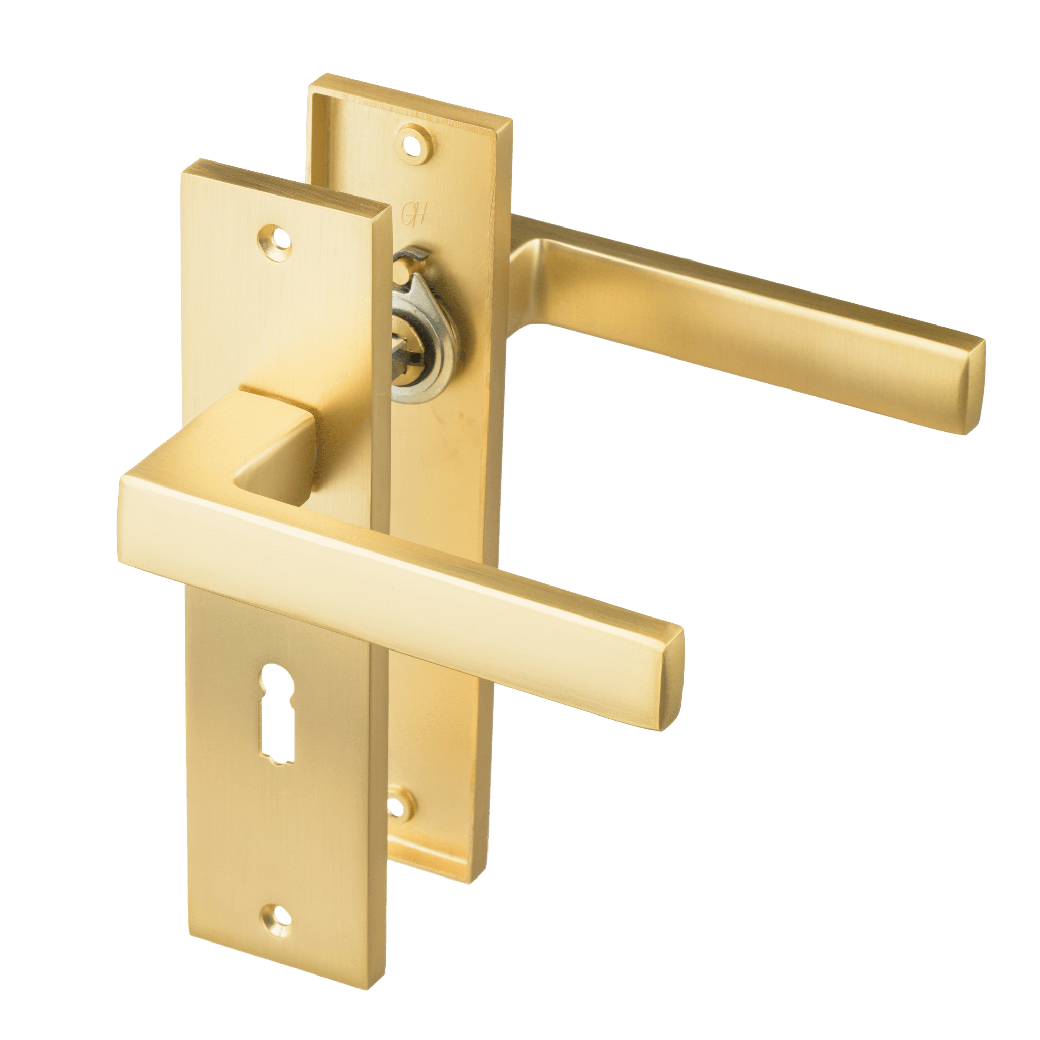 Mat gouden Avola deurklink op kort schild 180 × 45 mm met sleutelgat PC 56 mm voor een luxe binnendeur