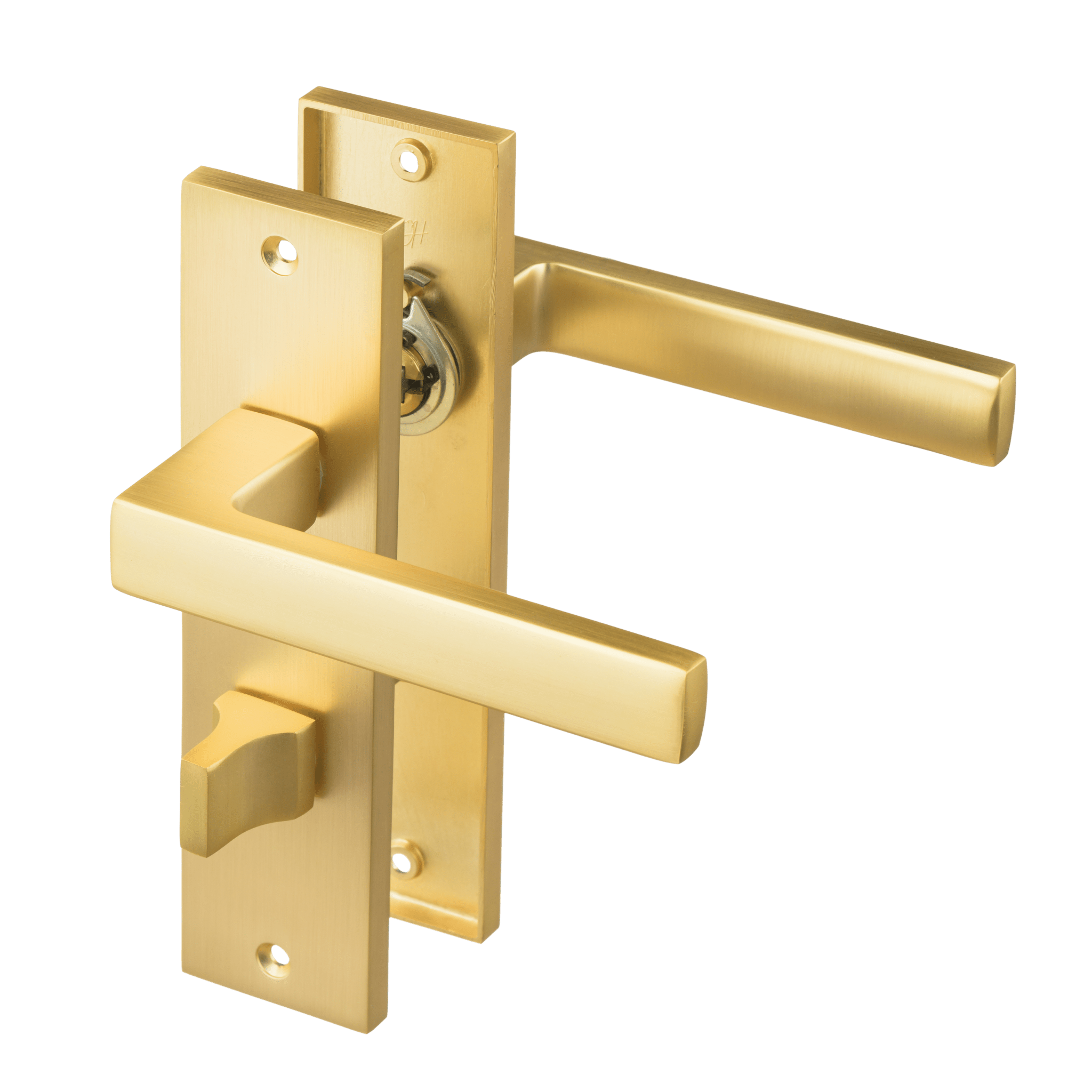 Mat gouden Avola deurklink op kort schild met geïntegreerd WC-slot hartafstand 63 mm voor badkamerdeuren