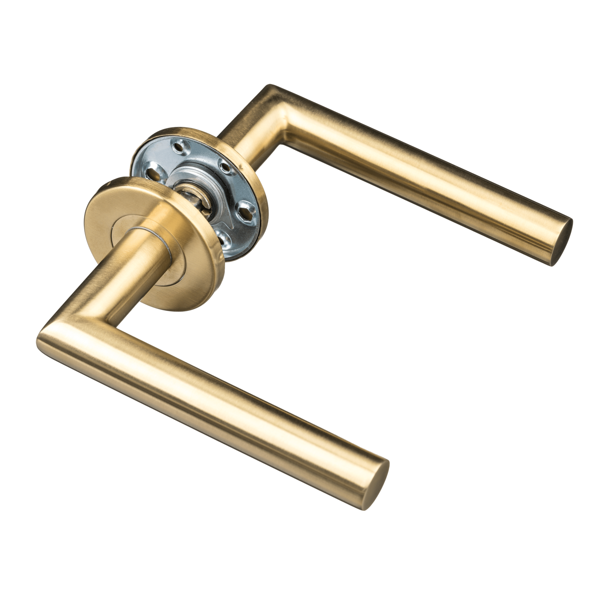 Mat gouden Avosso deurklink 130 mm op geveerd rond rozet voor stijlvolle binnendeuren 

