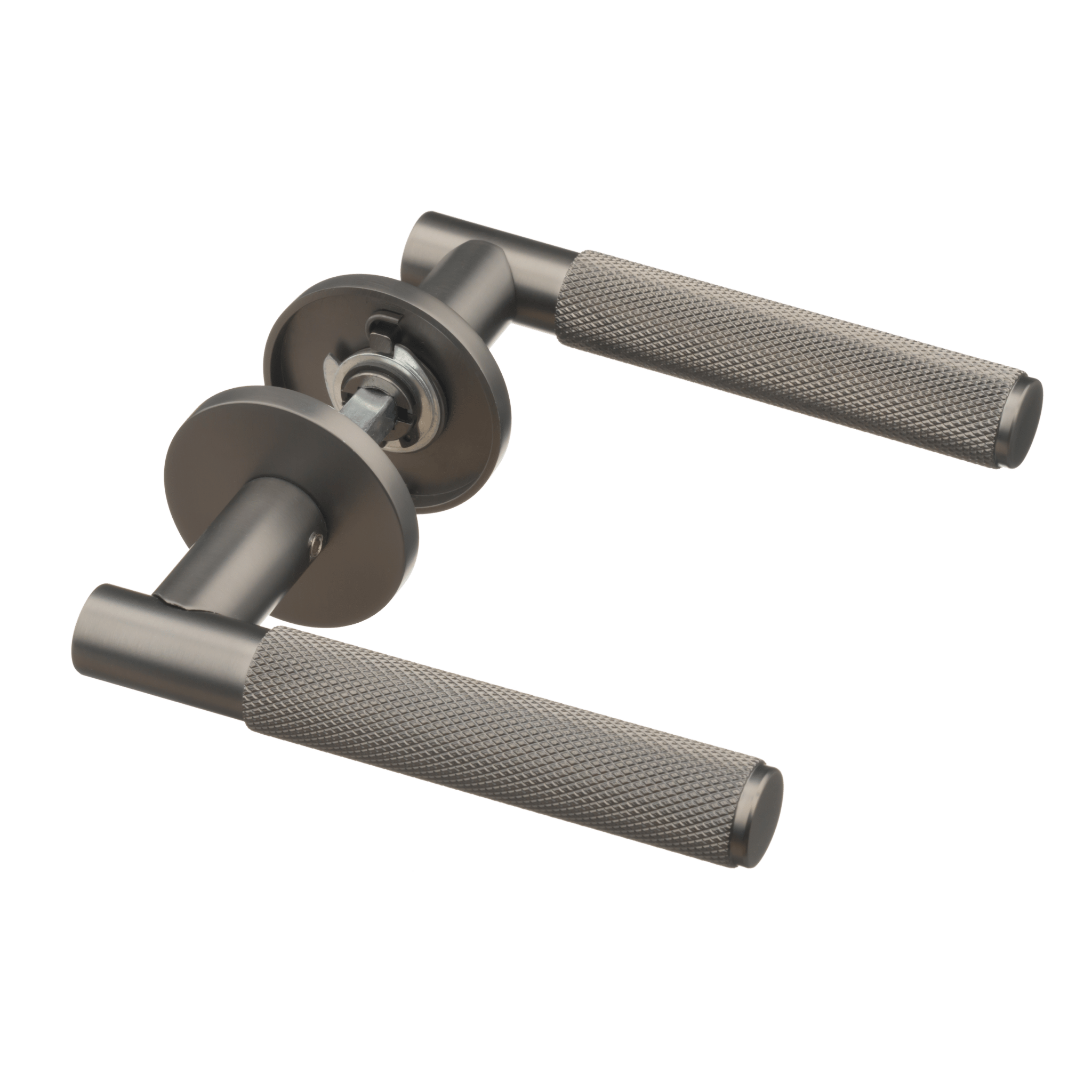 Luxe gun-metal Basio deurklink met diamond-cut grip, geveerd mechanisme en rond rozet voor een stijlvolle industriële binnendeur 
