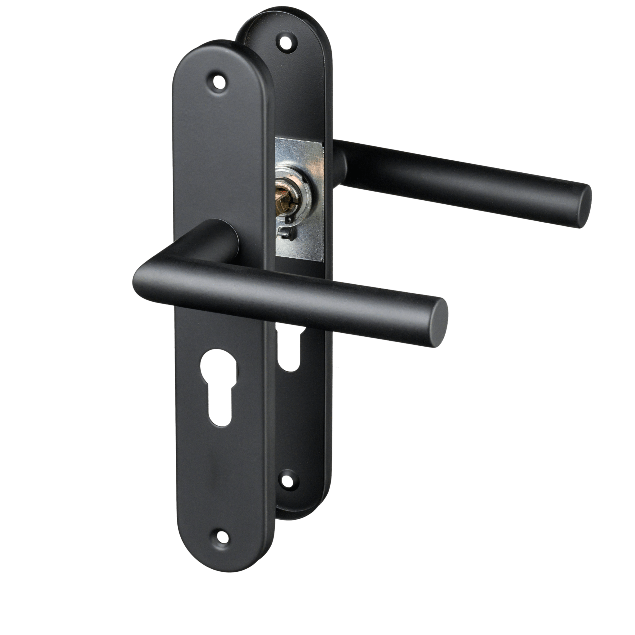 Mat zwarte Belluno deurklink op rond schild met cilindergat PC 55 mm voor veilige slotdeuren