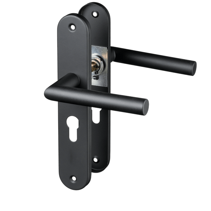 Mat zwarte Belluno deurklink op rond schild met cilindergat PC 55 mm voor veilige slotdeuren