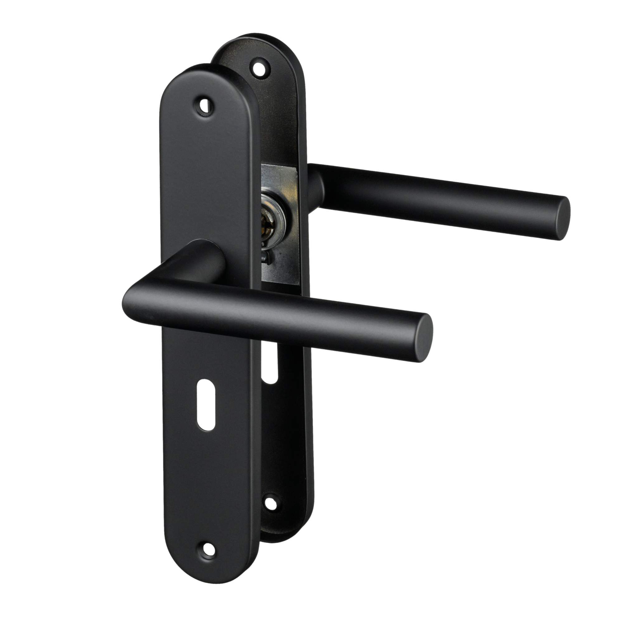 Mat zwarte Belluno deurklink 225 × 40 mm op rond schild met SL 56 mm sleutelgat voor moderne binnendeuren 
