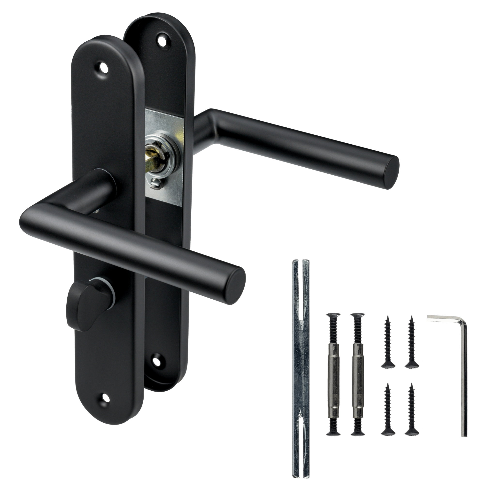 Mat zwarte Belluno WC-slot deurklink met 8 mm stift en soepel sluitmechanisme

