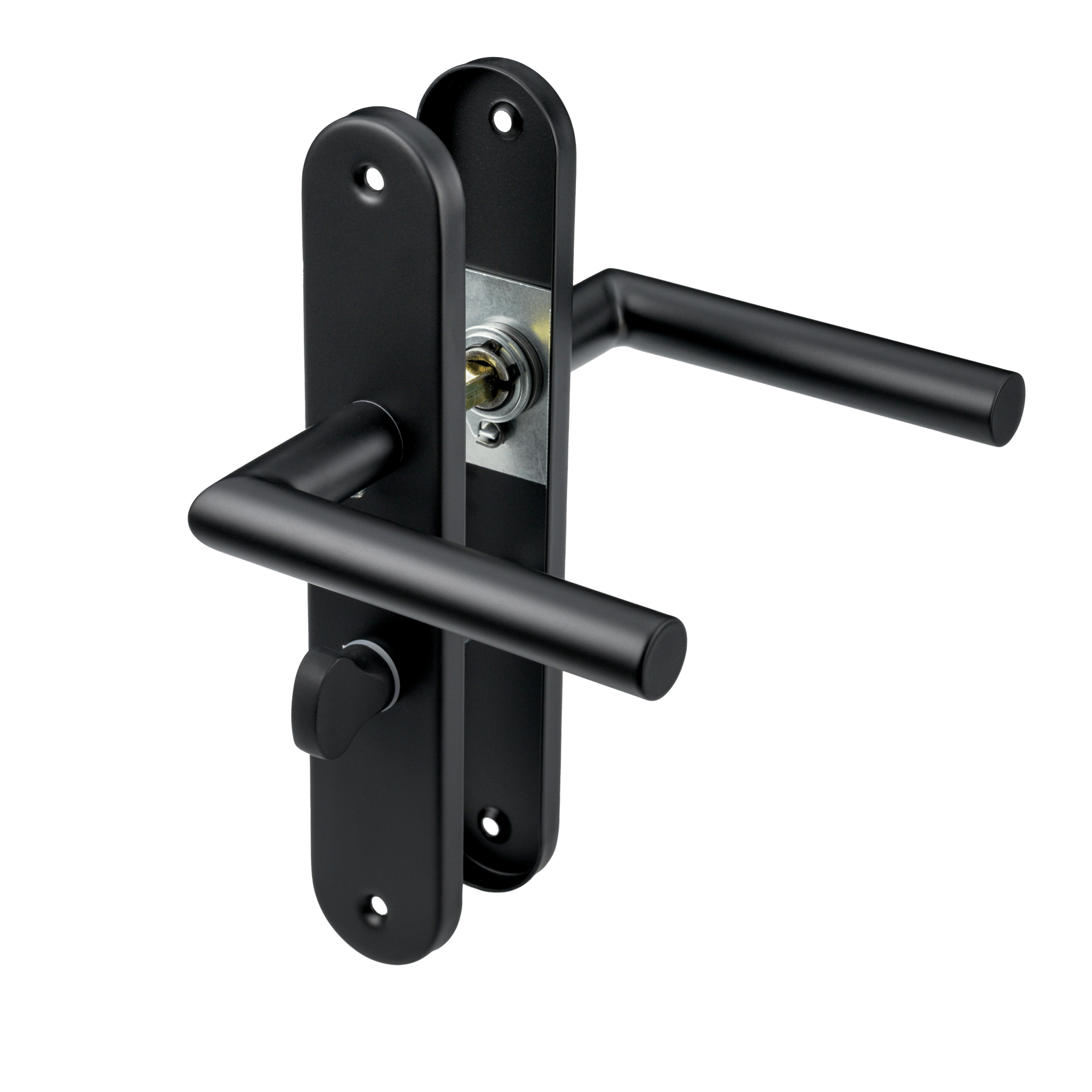 Mat zwarte Belluno deurklink 225 × 40 mm op rond schild met geïntegreerd WC-slot

