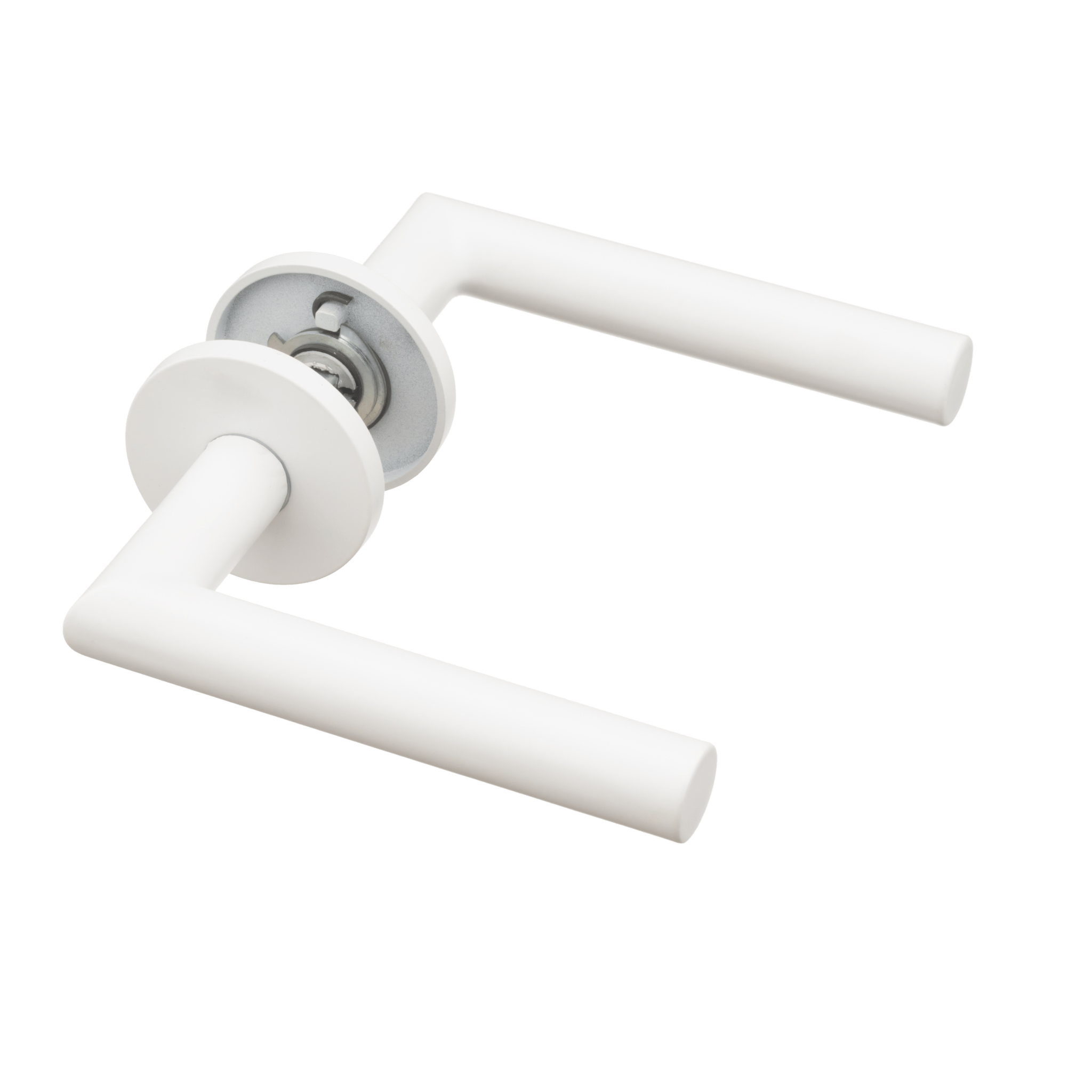 Geveerde witte Civita deurklink 135 mm met Ø 50 mm rond rozet voor moderne binnendeuren

