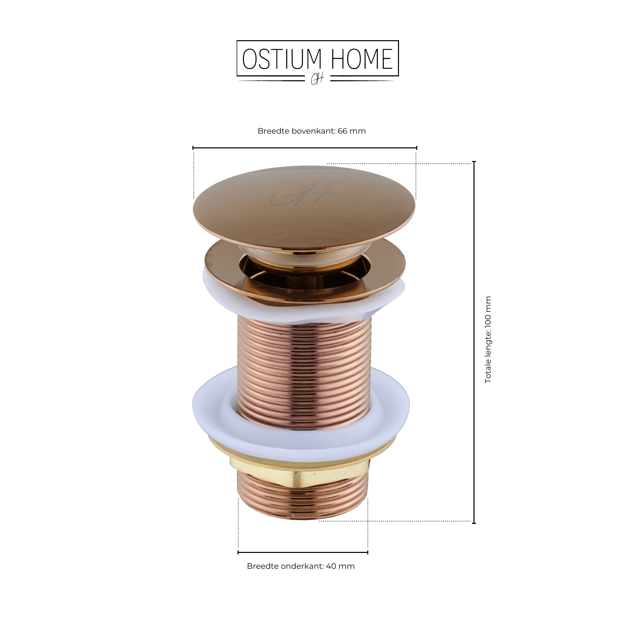 Afmetingen van de click-waste afvoerplug in kleur brons van Ostiumhome.