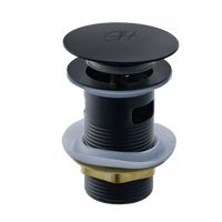 Volledig beeld van de Flusso afvoerplug van Ostiumhome® in mat zwart – met klikmechanisme

