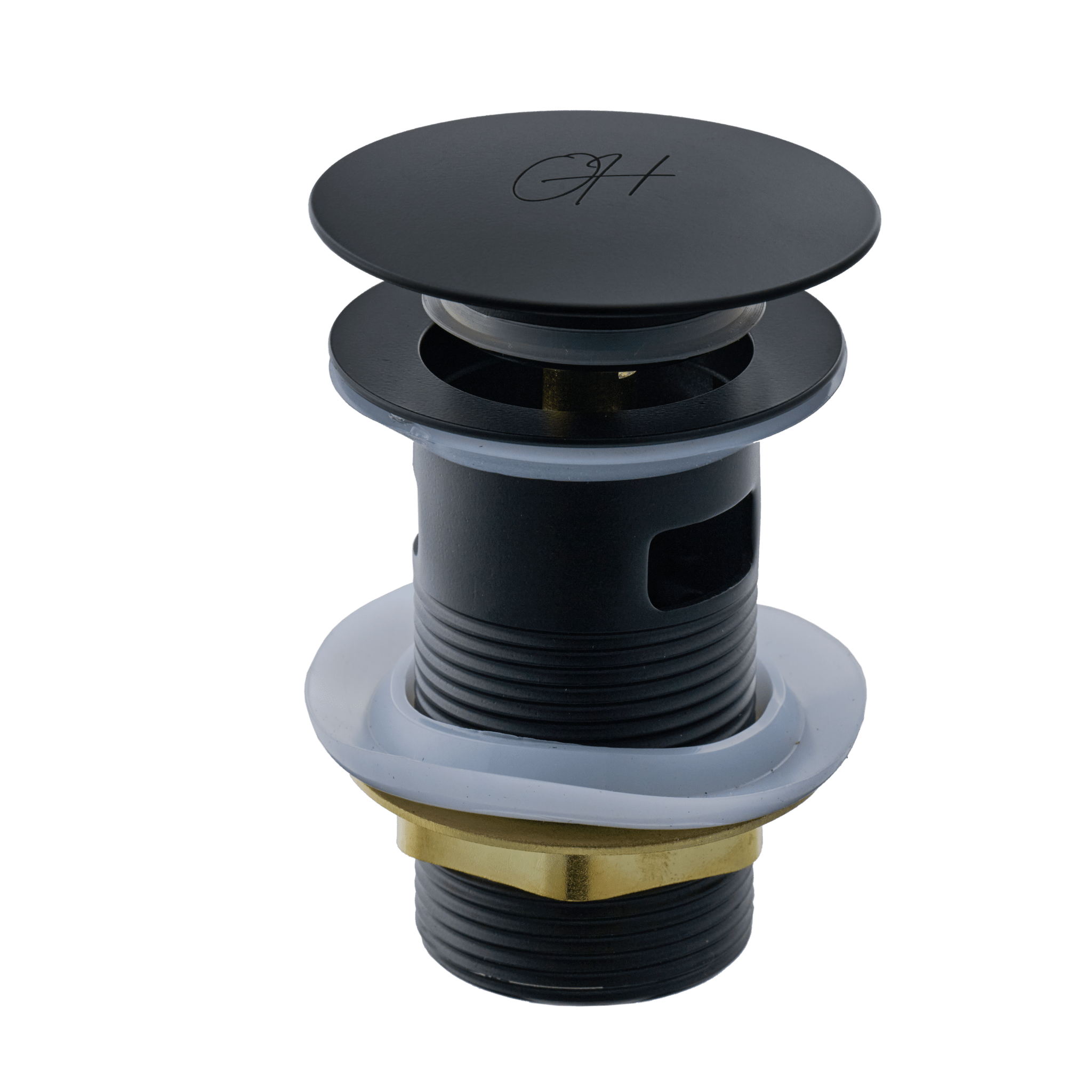 Volledig beeld van de Flusso afvoerplug van Ostiumhome® in mat zwart – met klikmechanisme

