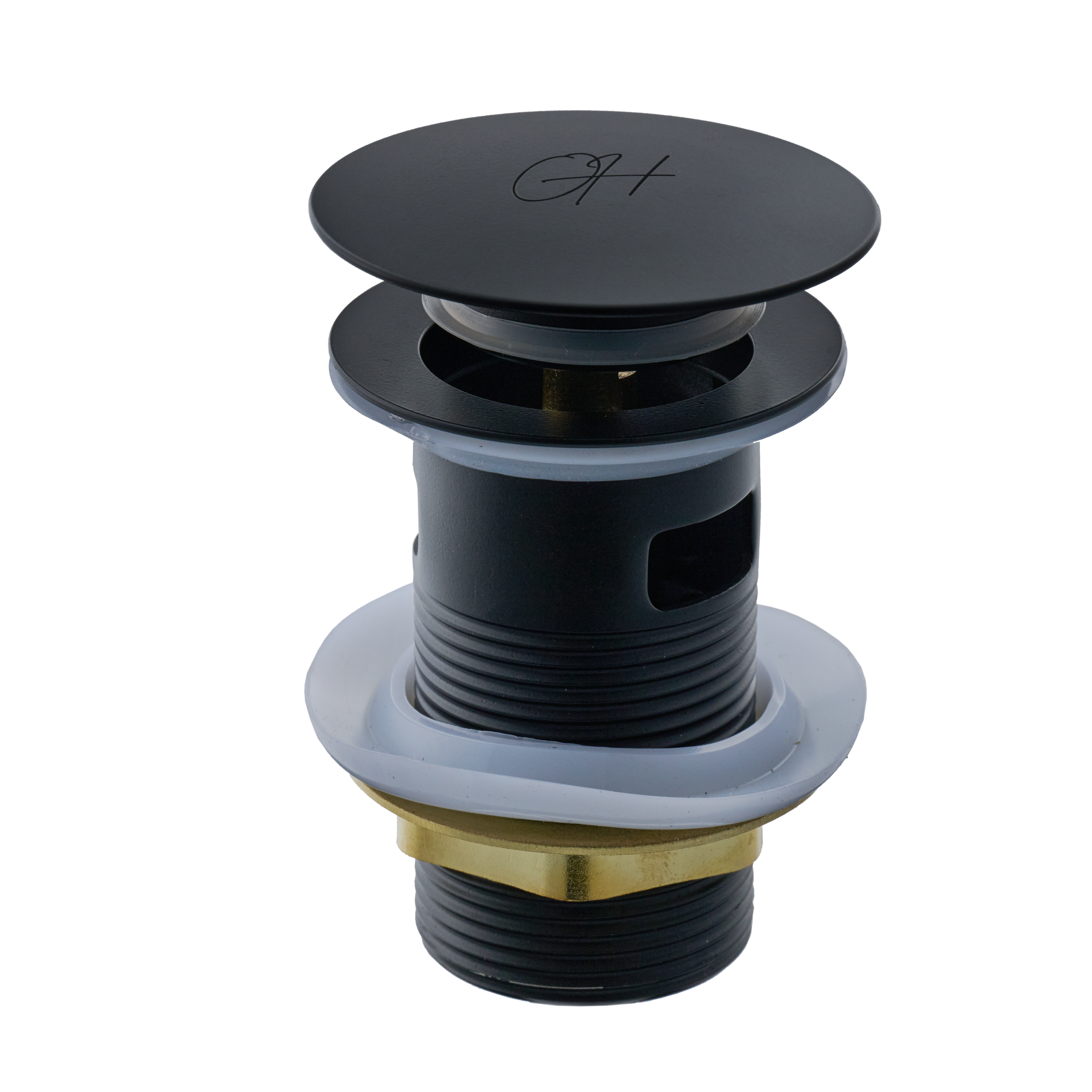 Volledig beeld van de Flusso afvoerplug van Ostiumhome® in mat zwart – met klikmechanisme


