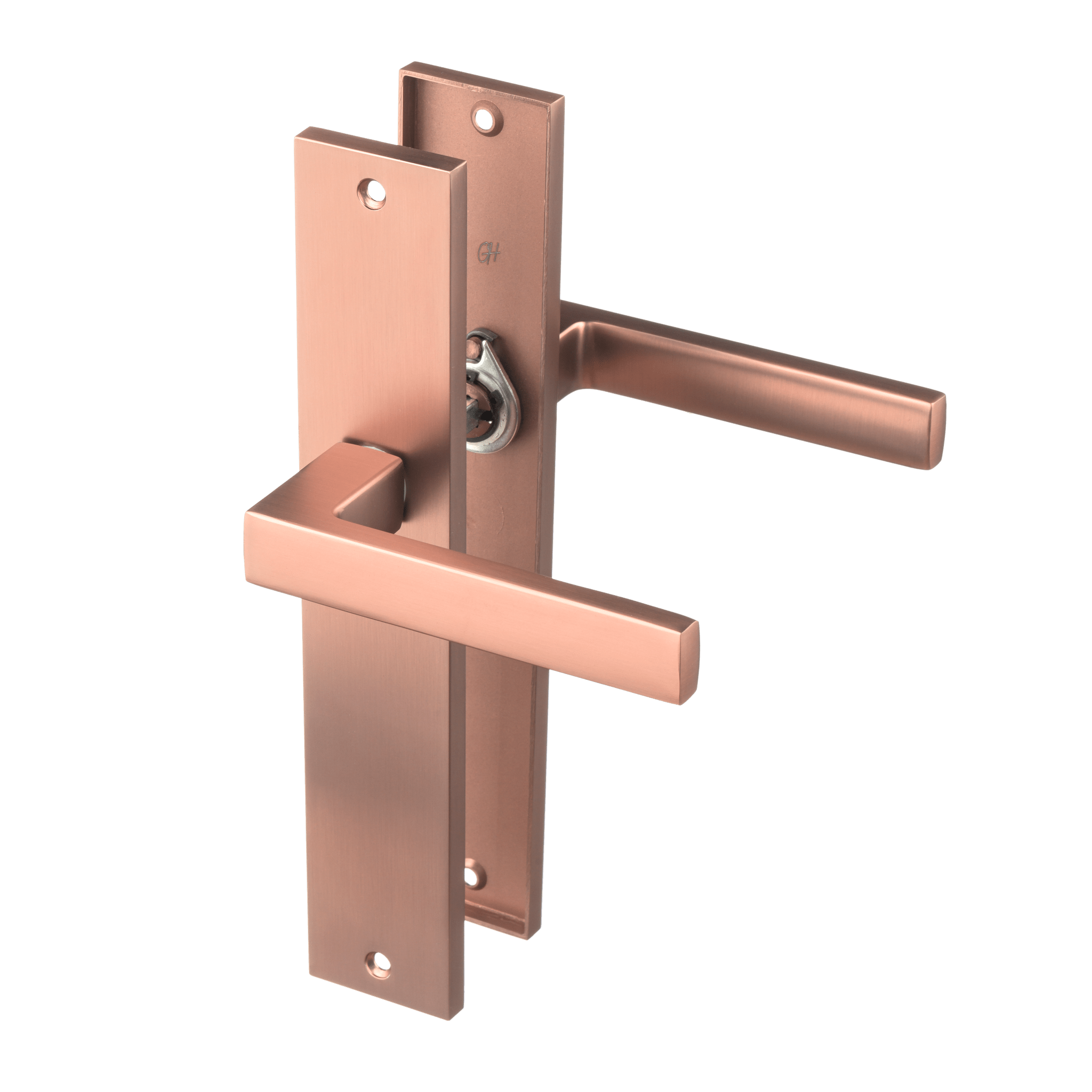 Mat koperen Collodi deurklink op blind lang schild 245 × 45 mm met geveerde terugveeractie 
