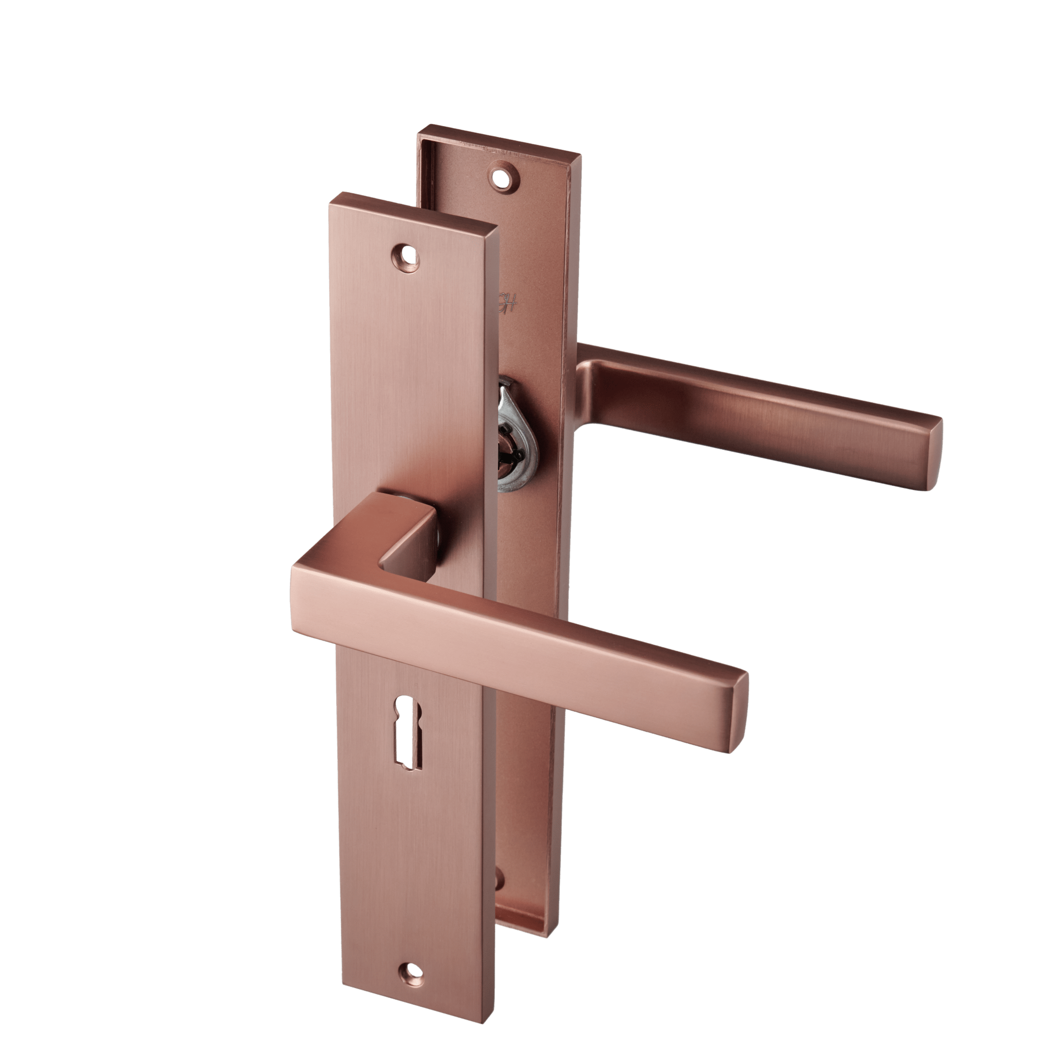 Mat koperen Collodi deurklink op lang schild 245 × 45 mm met sleutelgat SL 56 mm voor klassieke slotdeuren

