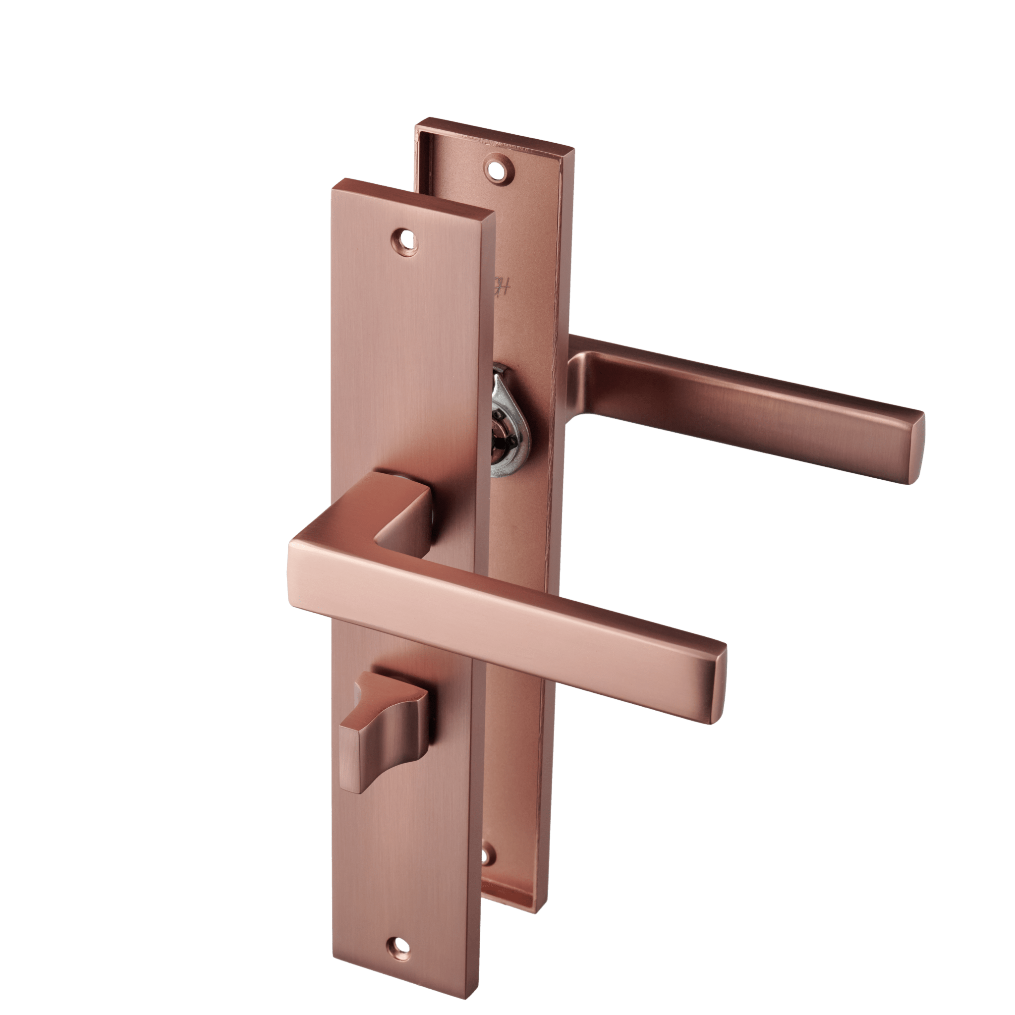 Mat koperen Collodi deurklink 245 × 45 mm op lang schild met WC-slot hartafstand 63 mm voor badkamerdeuren


