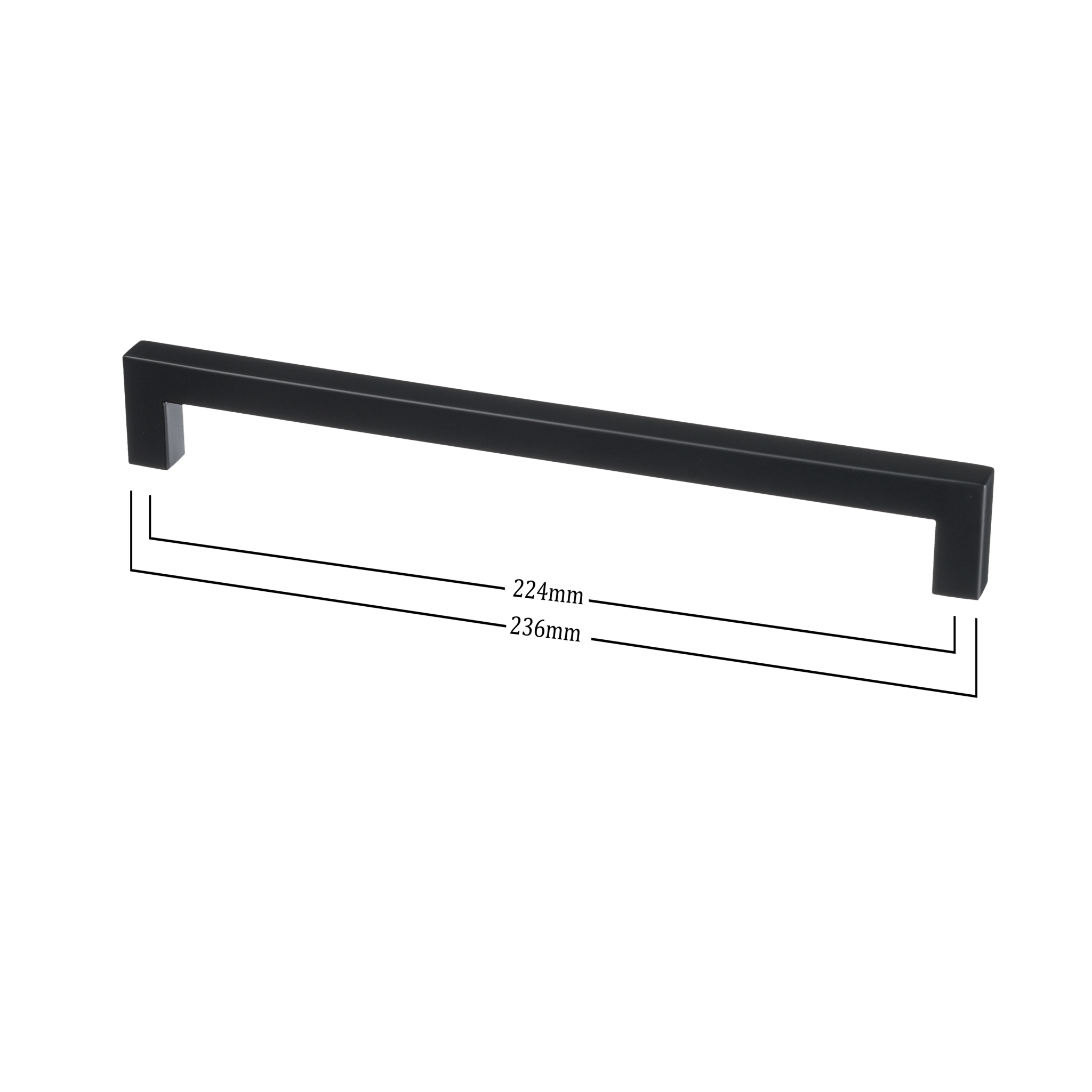 Compacte mat zwarte handgreep 224 / 236 mm, robuust RVS en strak minimalistisch design voor handdoek-, keukenkast- of ladedeuren 