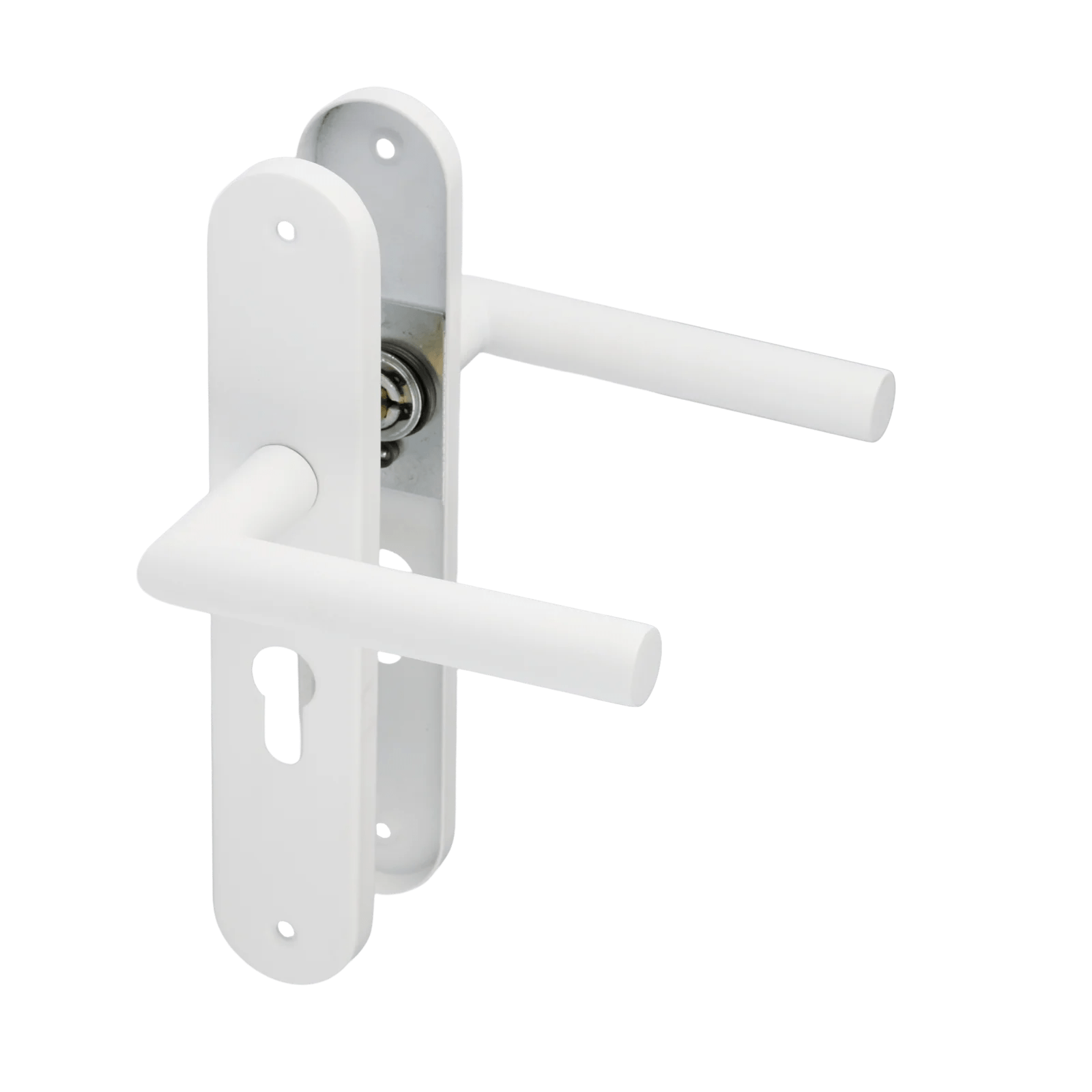 Deurklink met cilindergat met hartafstand 55 mm, met wit rond schild van Ostiumhome.