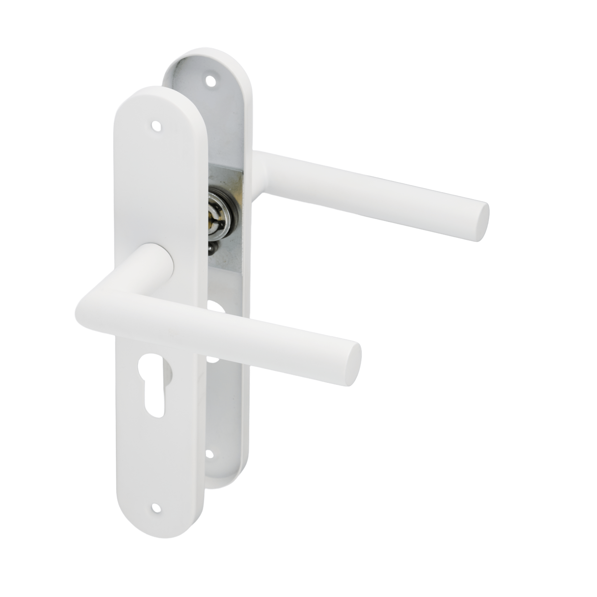 Deurklink met cilindergat met hartafstand 55 mm, met wit rond schild van Ostiumhome.