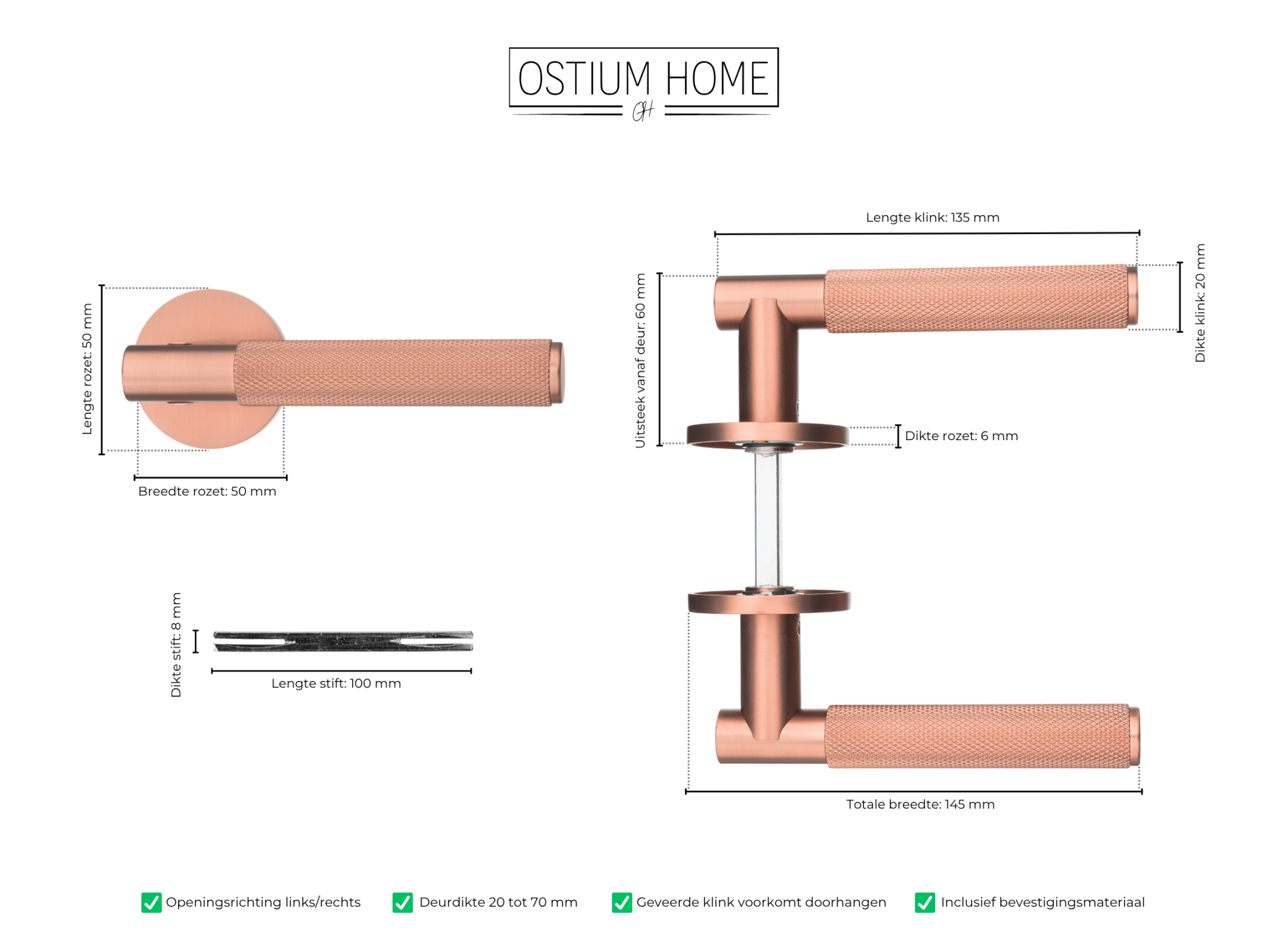 Afmetingen van mat koper diamond cut deurbeslag van Ostiumhome.