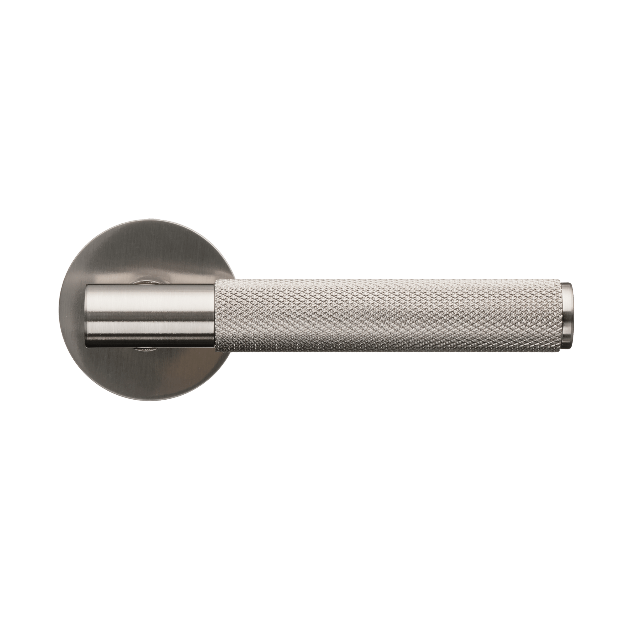 Geveerde Arluno diamond-cut deurklink in geborsteld RVS zilver met comfortabele kartelstructuur en elegante ronde rozet 
