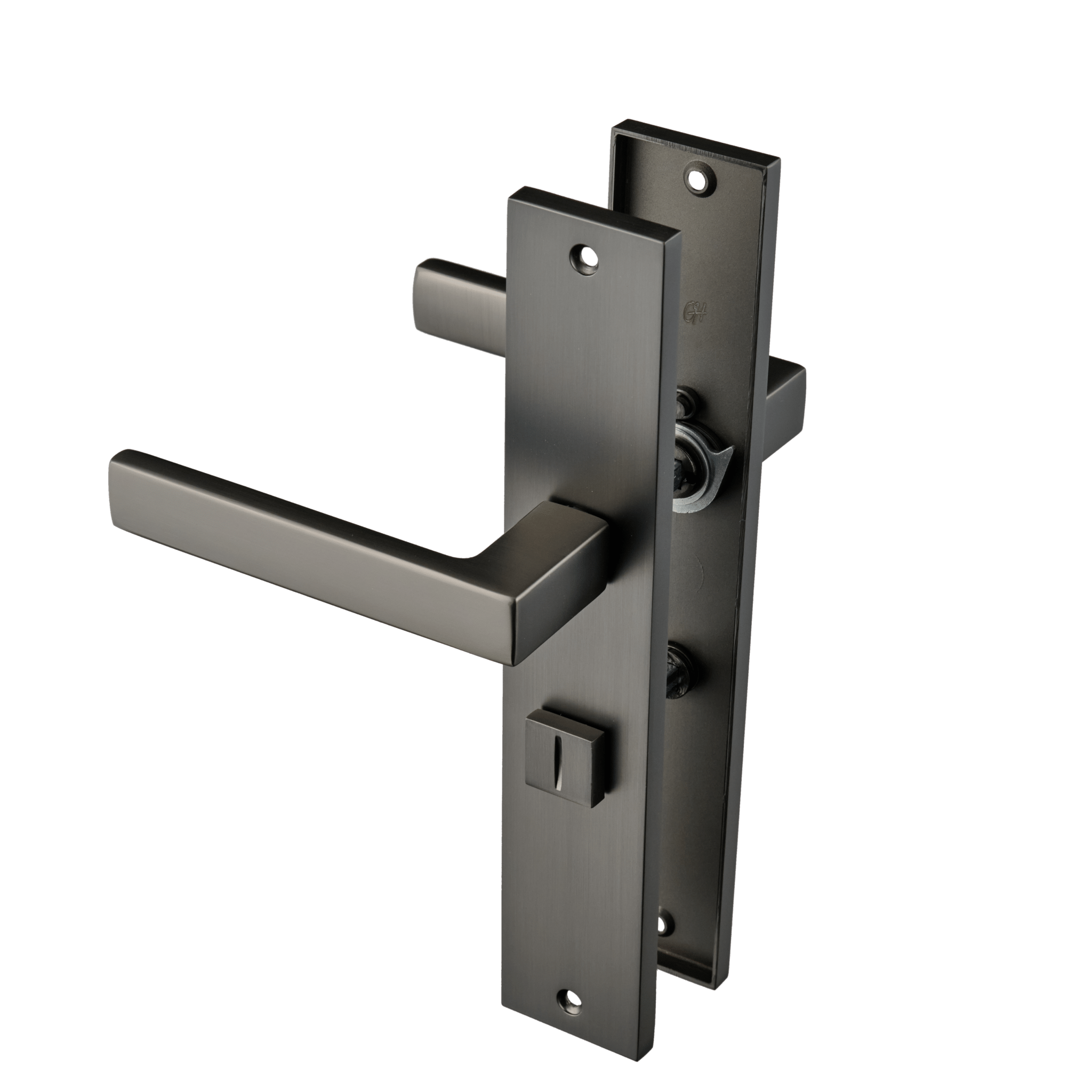 Complete gun-metal Fano deurbeslagset op schild met geïntegreerd WC-slot voor moderne toiletruimtes
