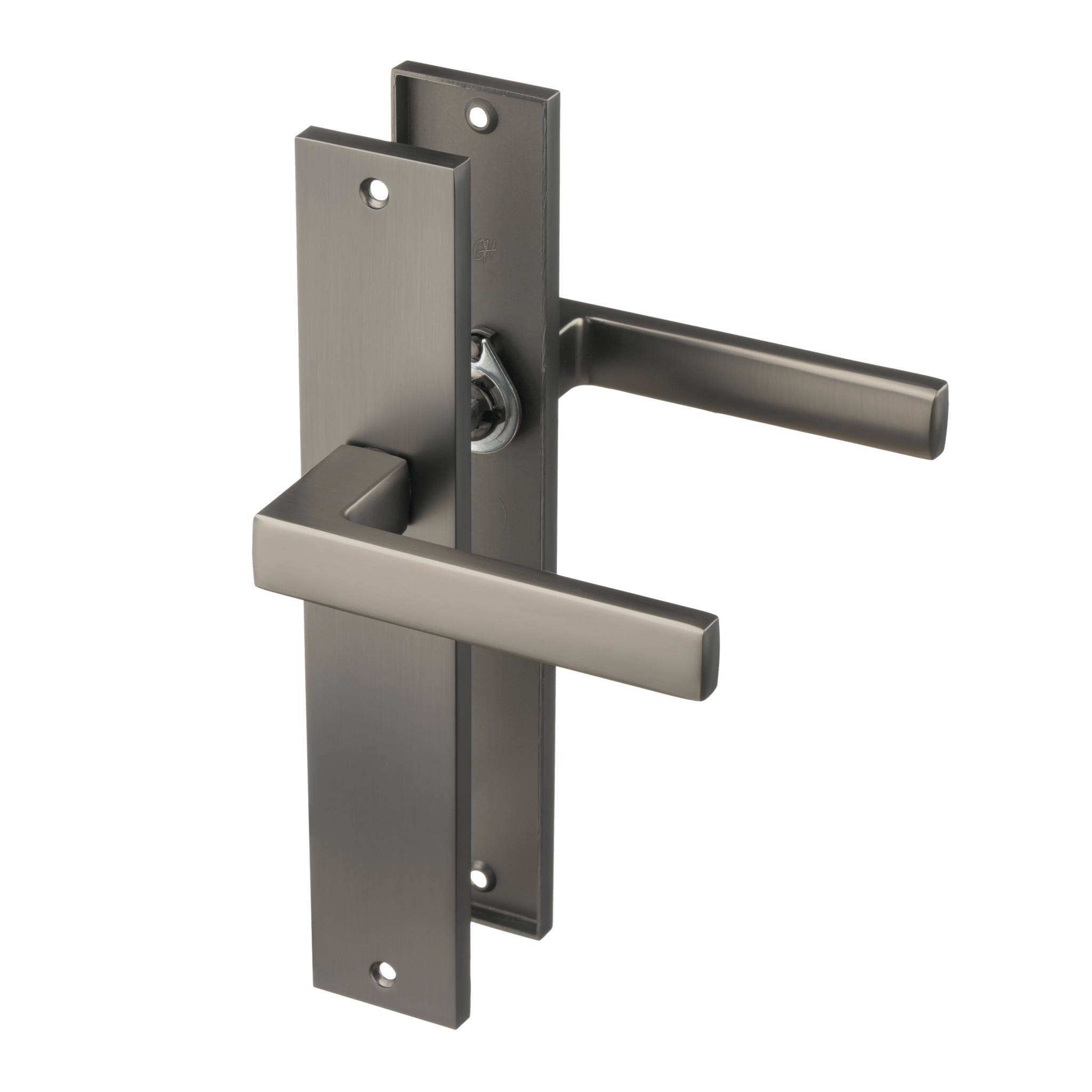 Blind gun metal Fano deurklink op lang schild 245 × 45 mm met 225 mm schroefafstand voor industriële woonkamerdeur 
