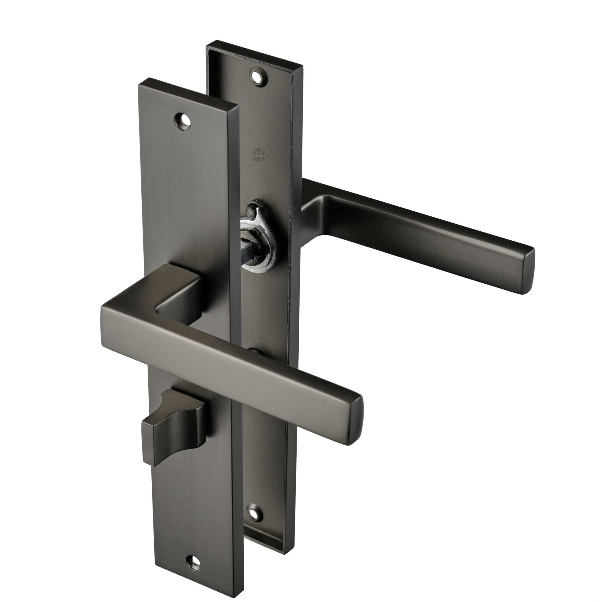 Gun-metal Fano WC-slot deurklink op lang schild 245 × 45 mm hartafstand 63 mm voor industriële badkamerdeuren