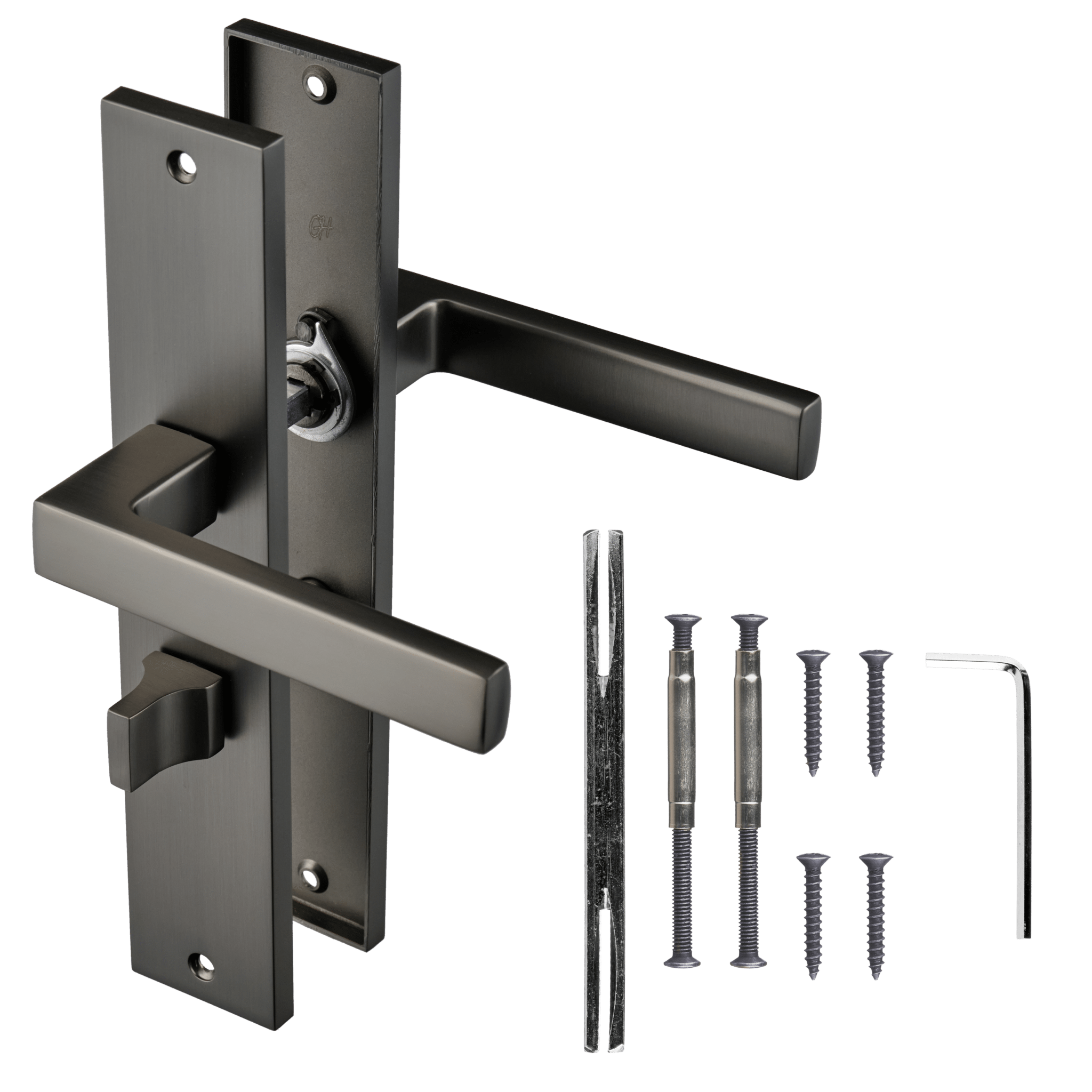 Fano WC-deurbeslag gun metal lang schild met 222 mm hart-op-hart schroefafstand voor stevige bevestiging 
